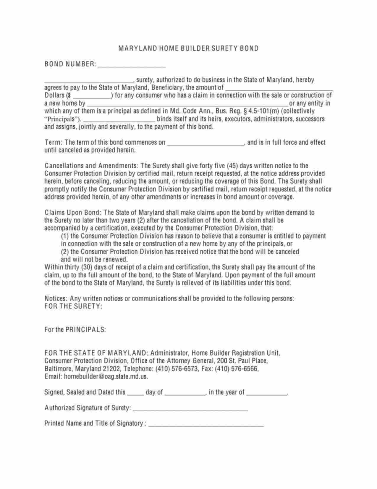 Maryland Home Builder Bond Form