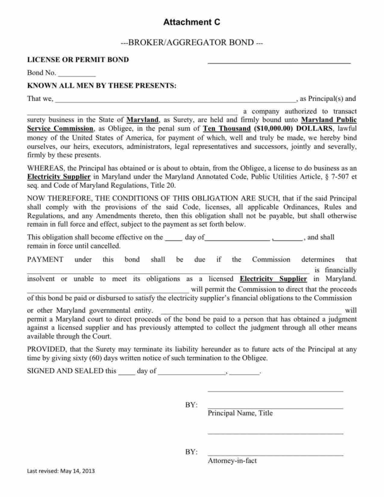 Maryland Electricity Supplier Broker/Aggregator Bond Form