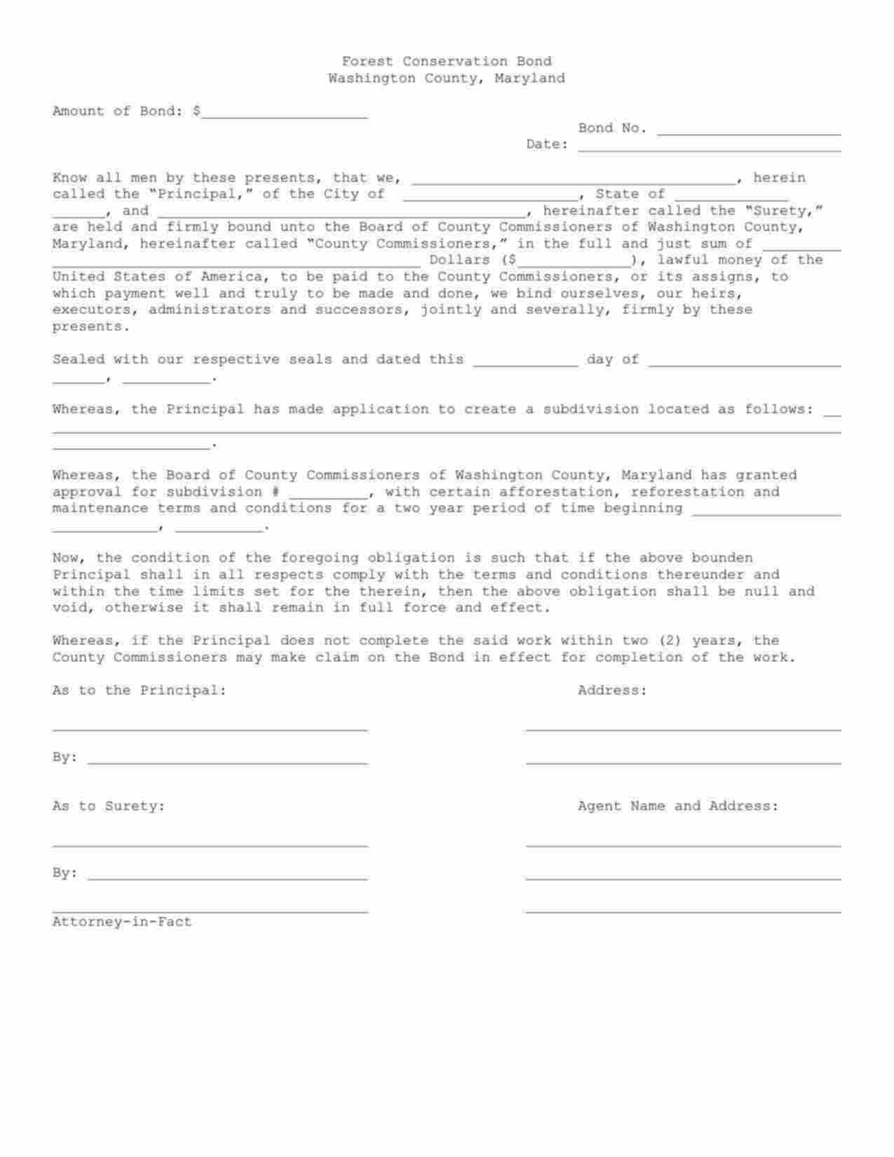 Maryland Forest Conservation Bond Form