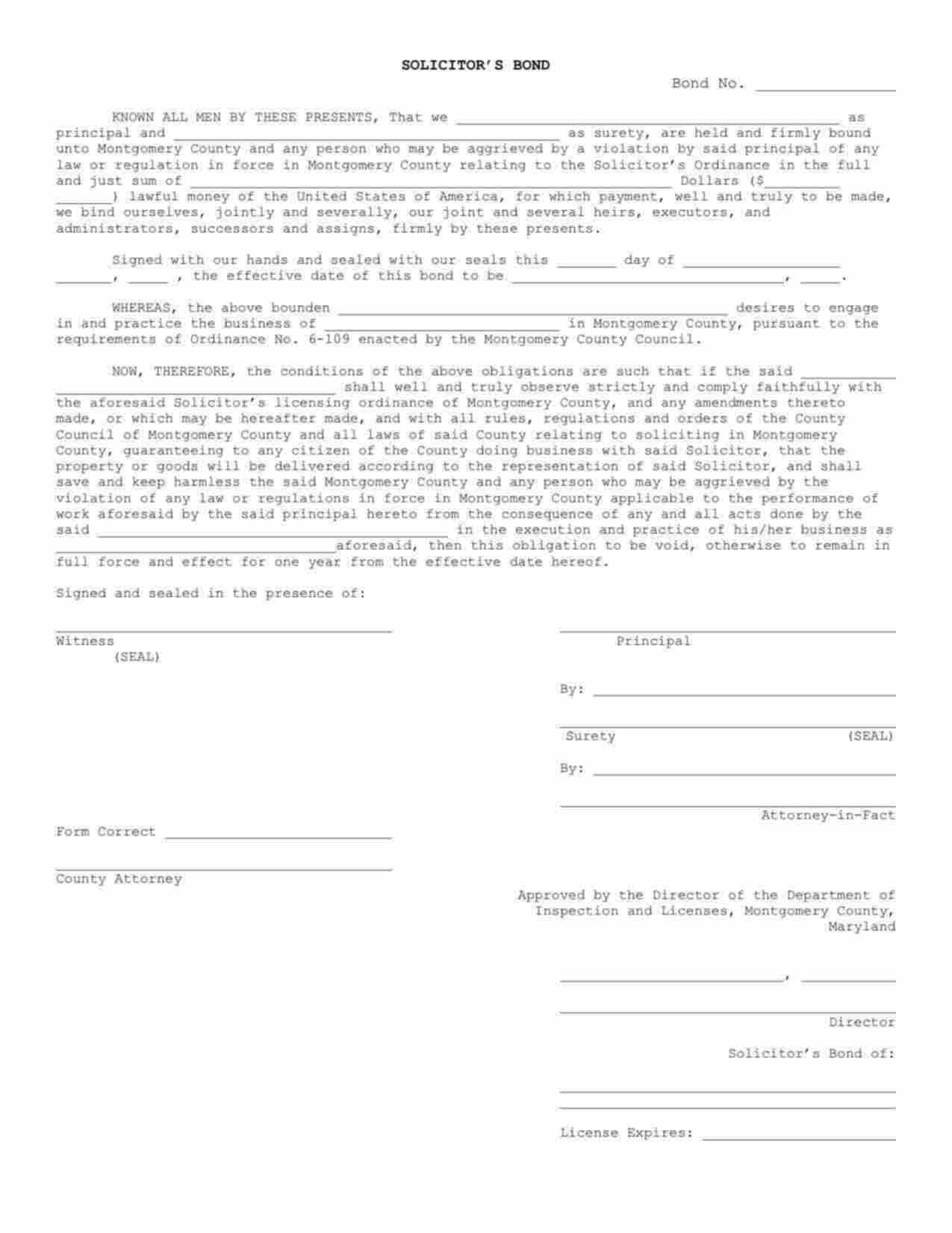 Maryland Solicitor Bond Form