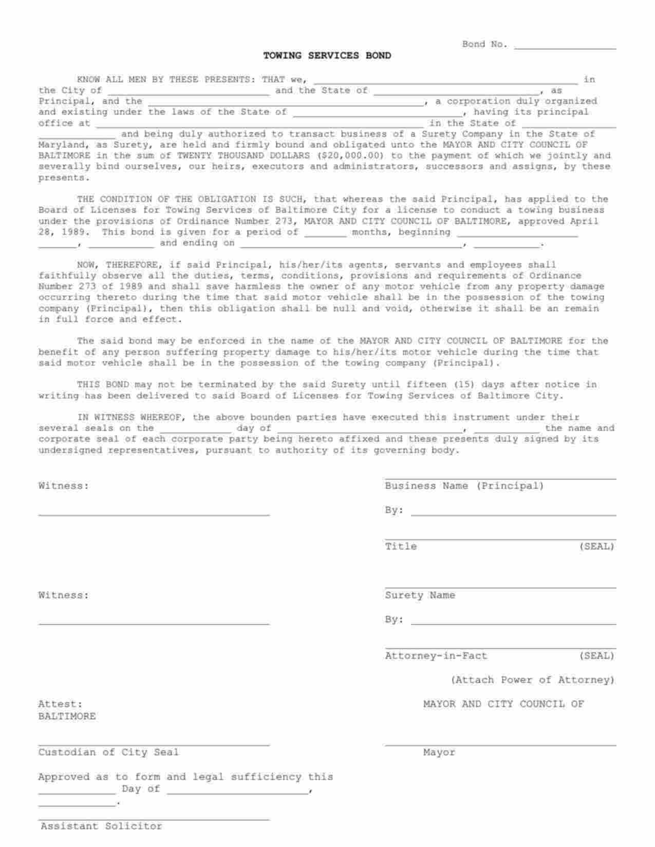 Maryland Towing Services Bond Form