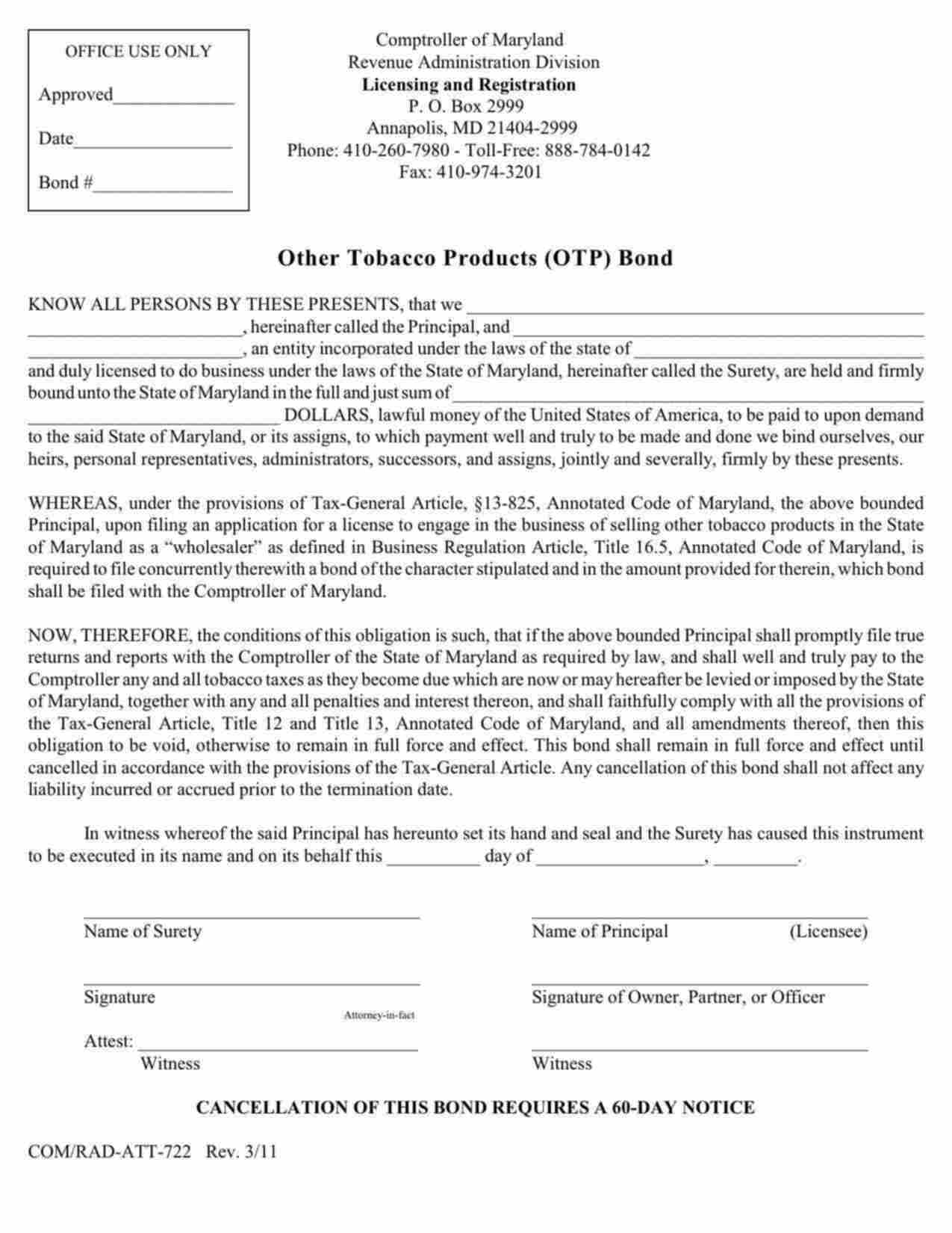 Maryland Other Tobacco Products (OTP) Bond Form