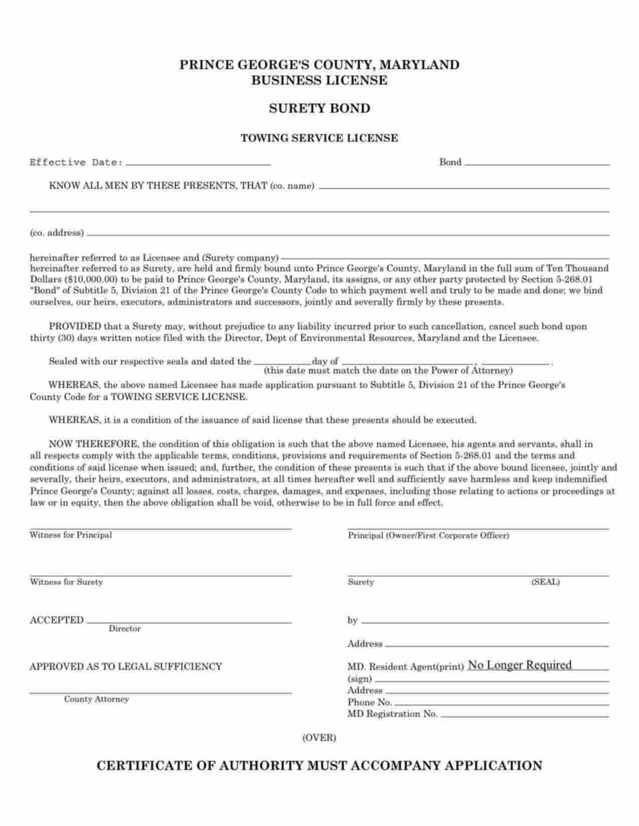 Maryland Towing Service License Bond Form