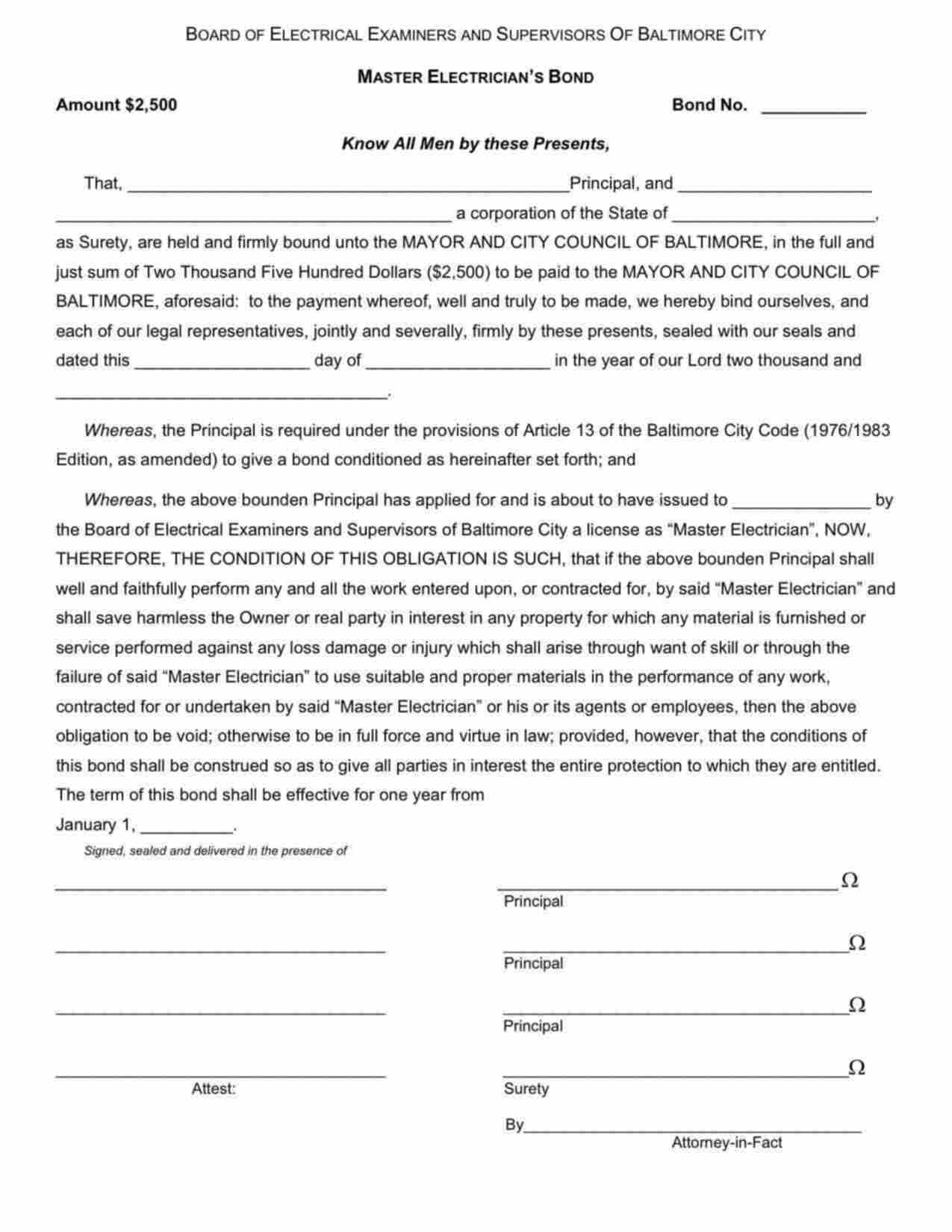 Maryland Master Electrician Bond Form