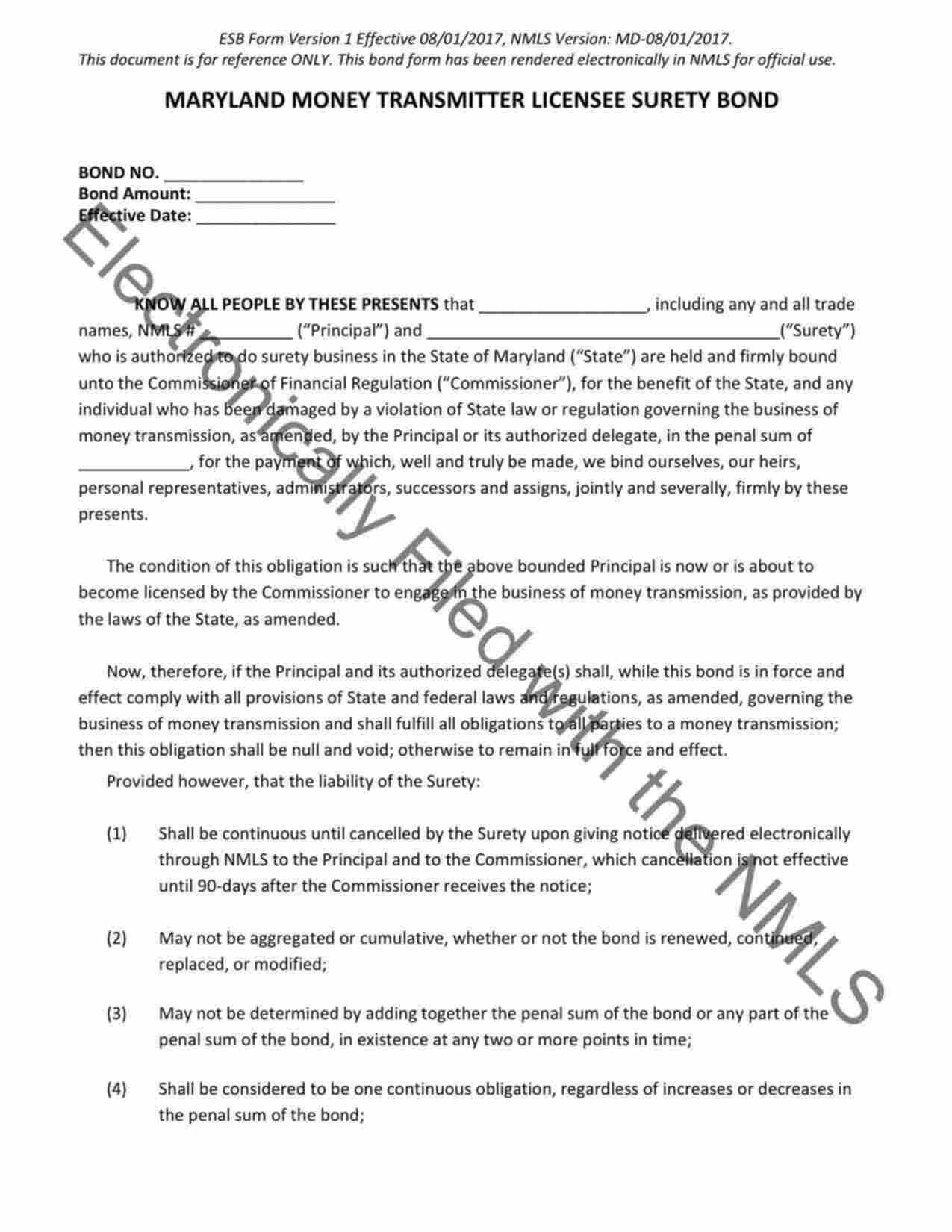 Maryland Money Transmitter Bond Form