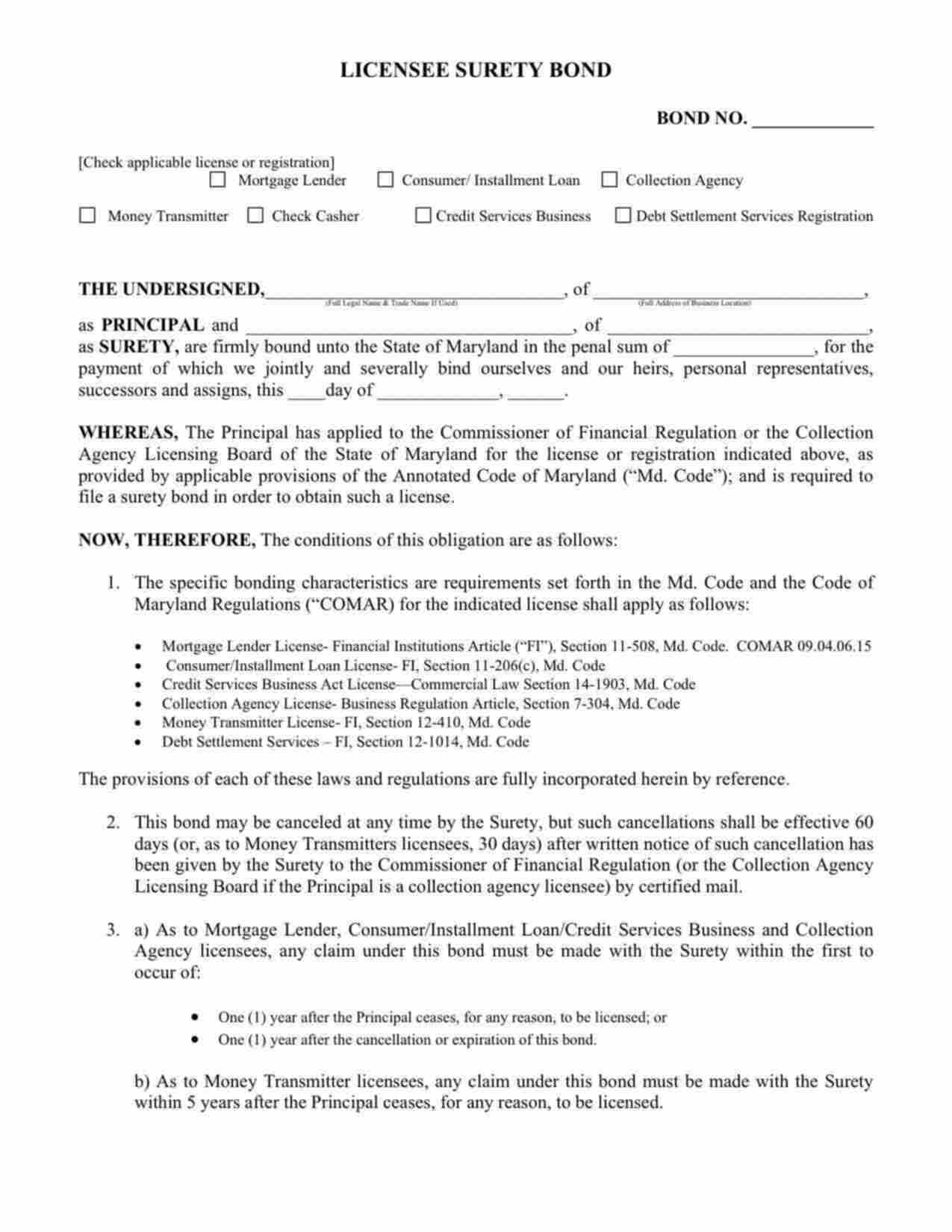 Maryland Check Casher Bond Form