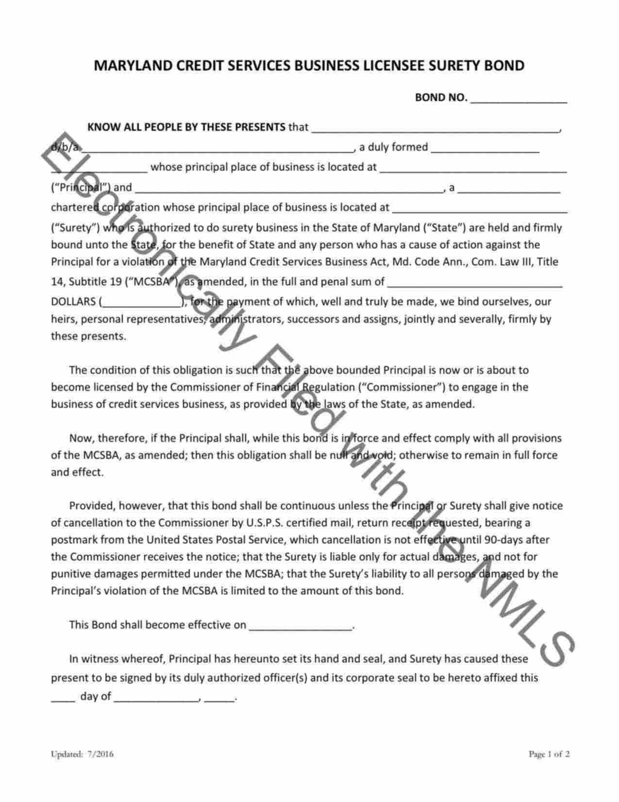 Maryland Credit Services Business Bond Form