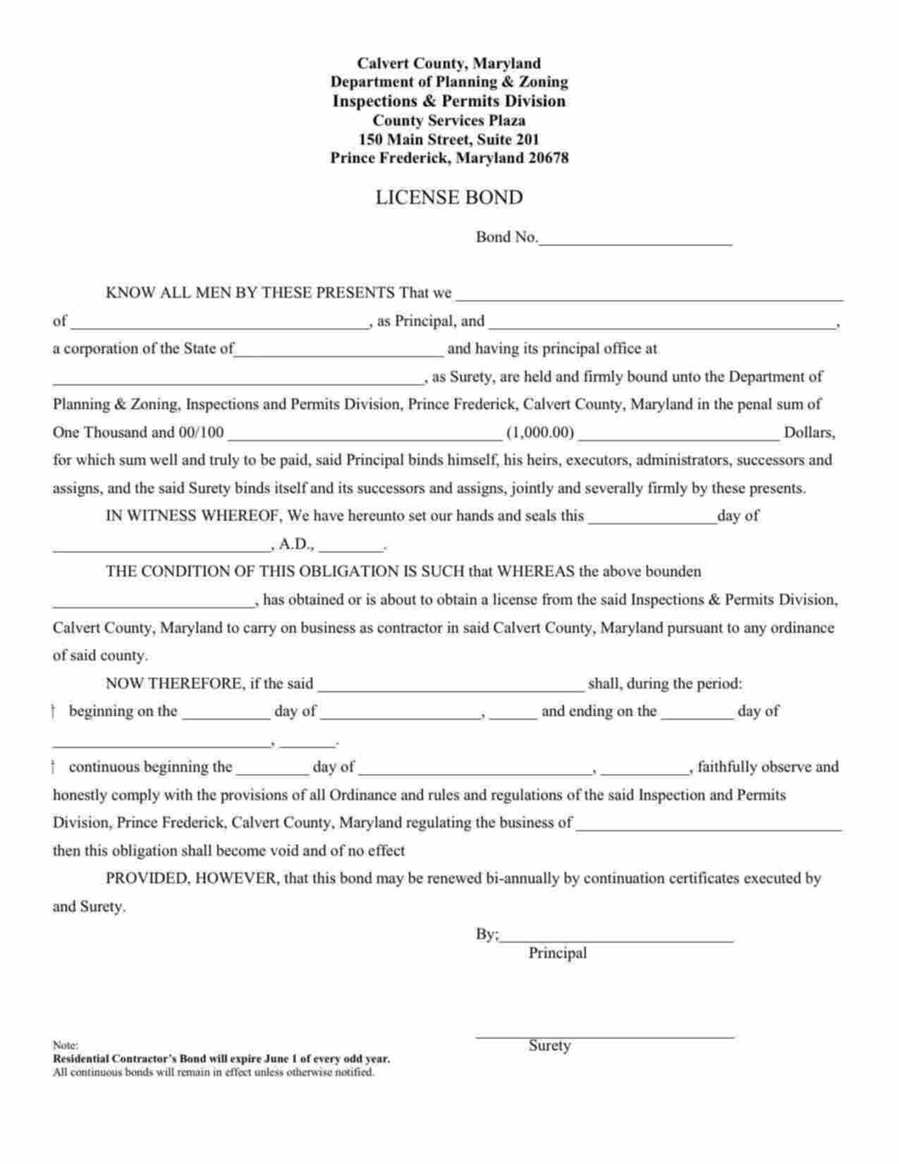 Maryland Electrical Contractor Bond Form