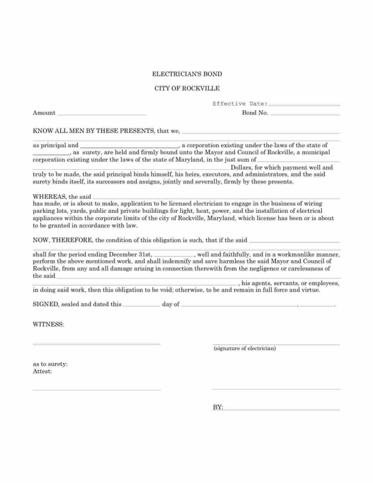 Maryland Electrician Bond Form