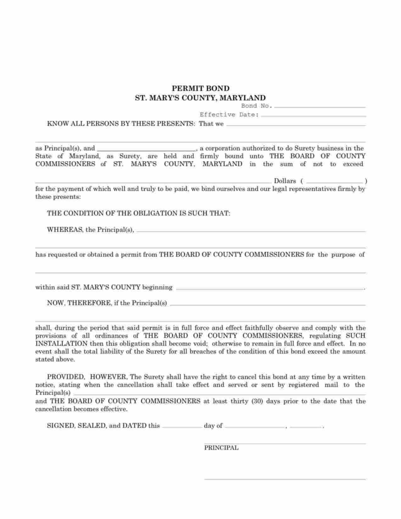 Maryland Permit Bond Form