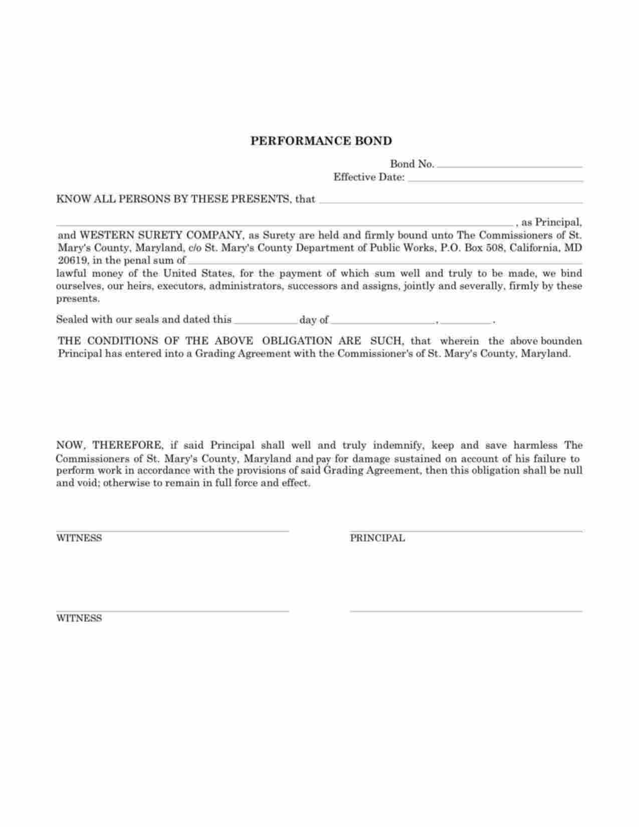 Maryland Grading Performance Bond Form