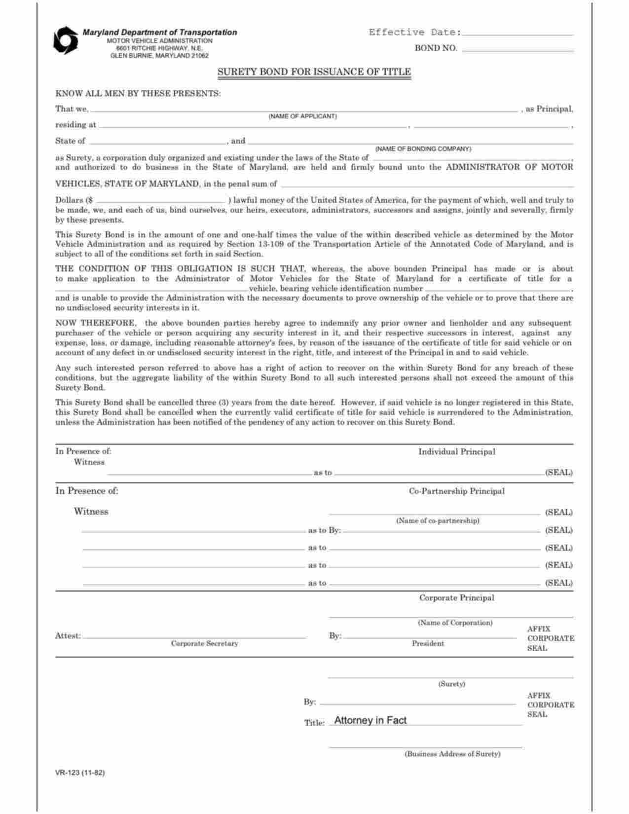 Maryland Issuance of Title Bond Form