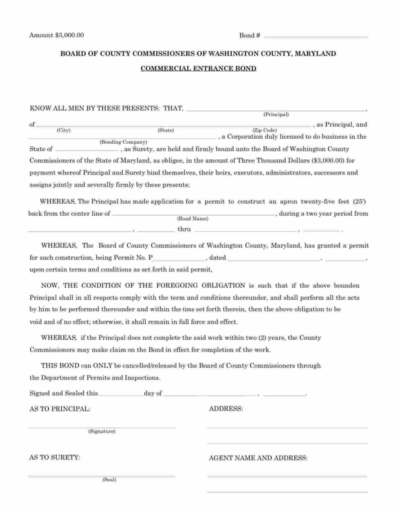 Maryland Commercial Entrance Bond Form