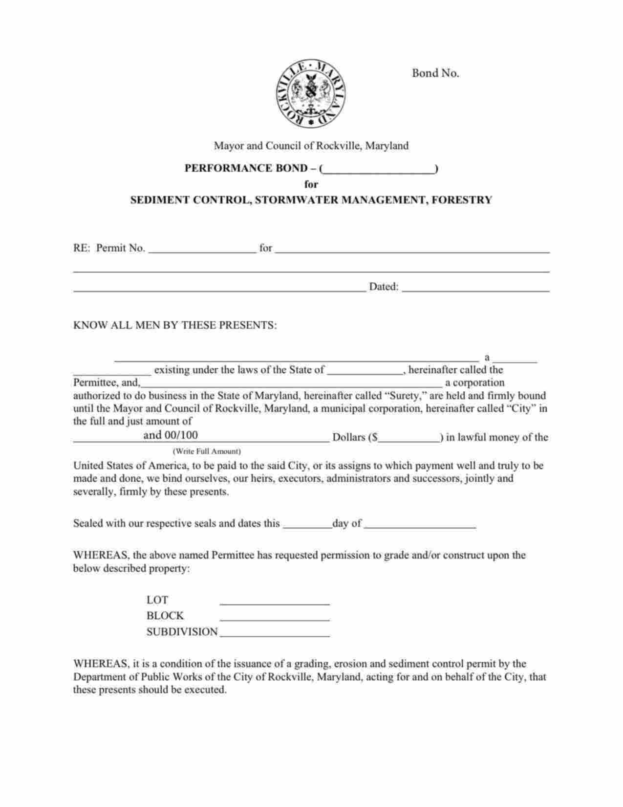 Maryland Sediment Control Performance Bond Form