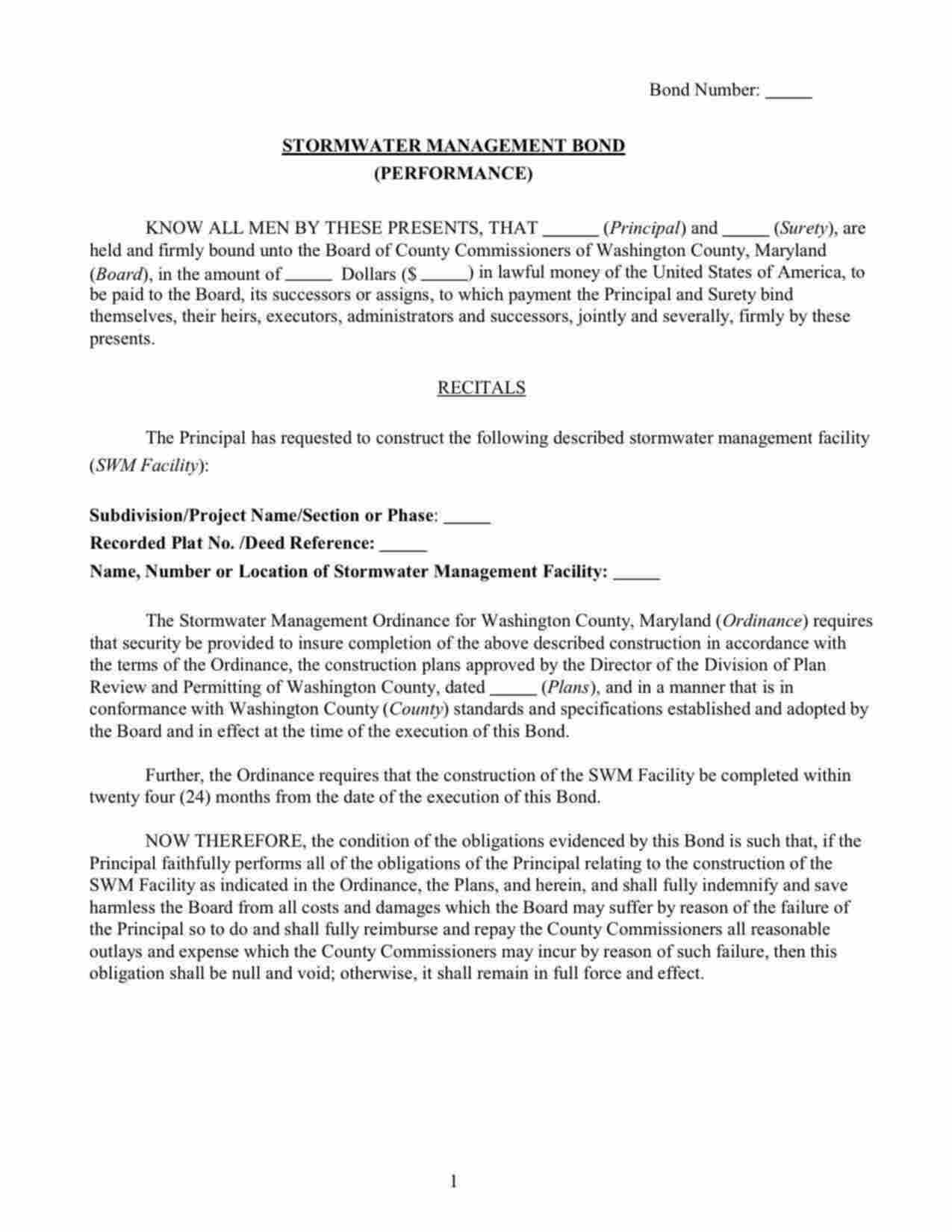 Maryland Stormwater Management Performance Bond Form