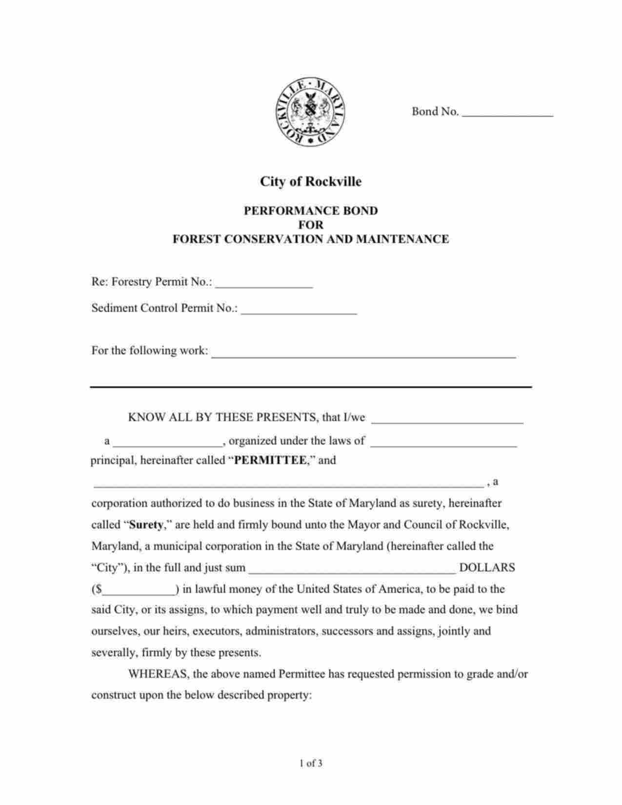 Maryland Forest Conservation and Maintenance Performance Bond Form