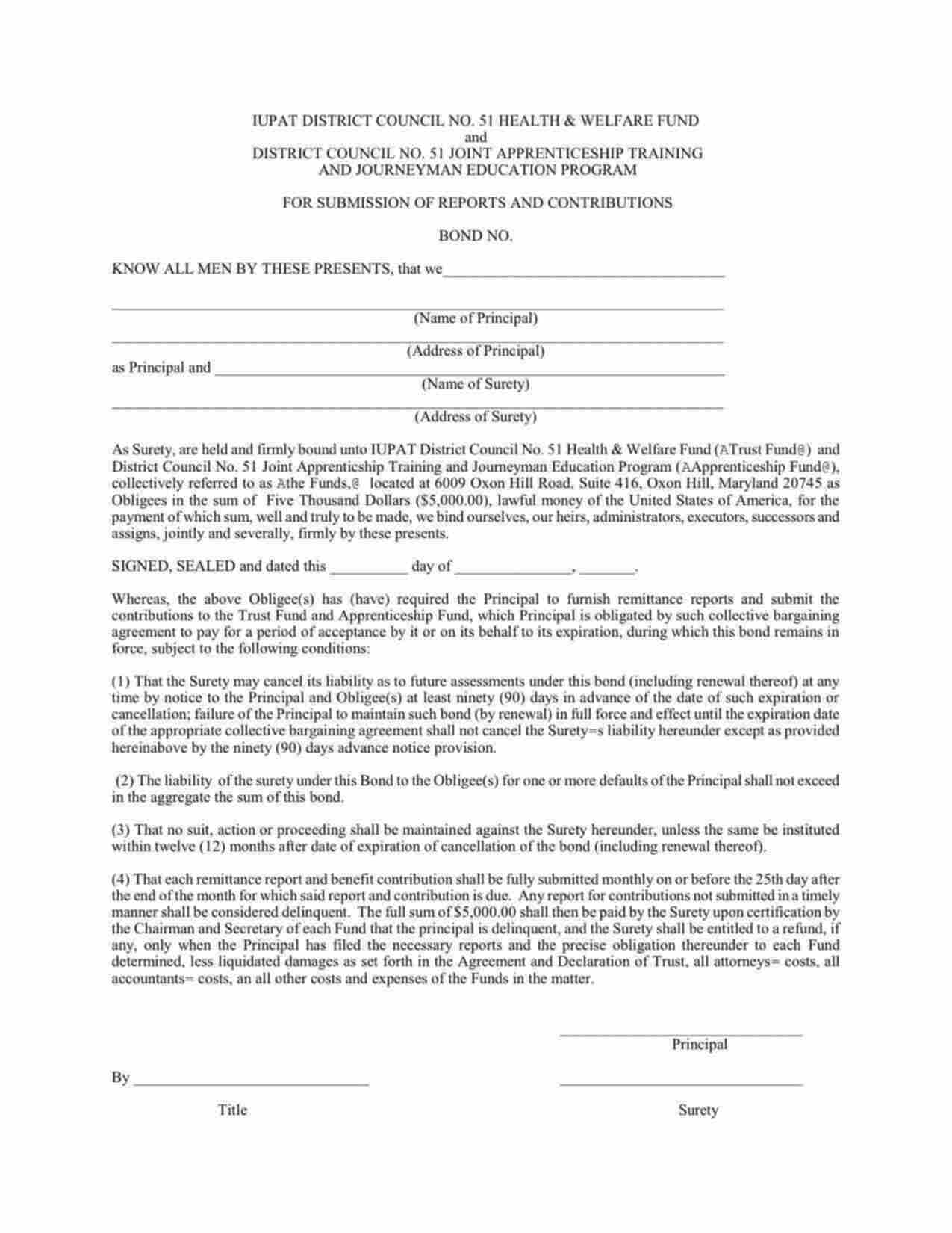 Maryland Submission of Reports and Contributions (Wage and Welfare) Bond Form