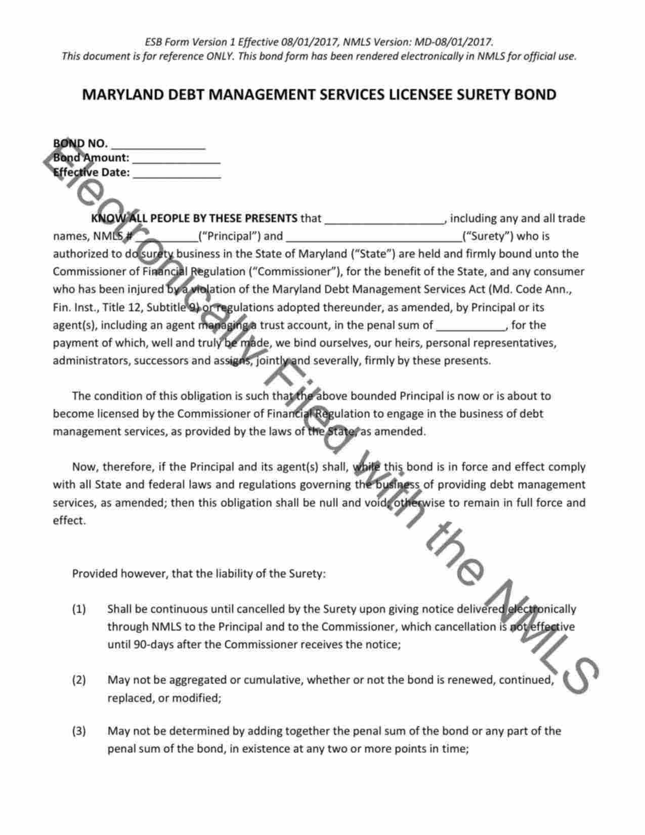 Maryland Debt Management Services License Bond Form