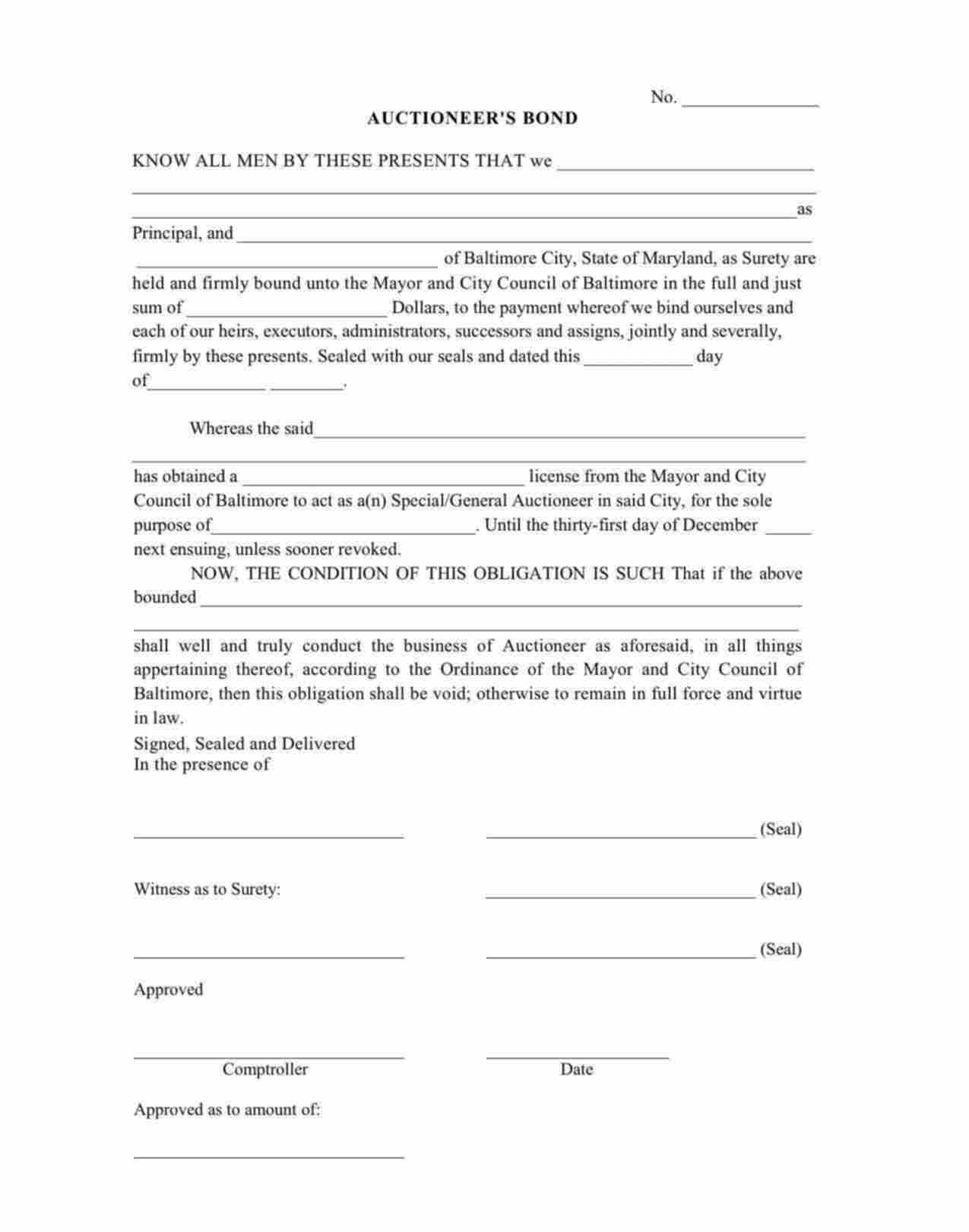 Maryland Auctioneer Bond Form