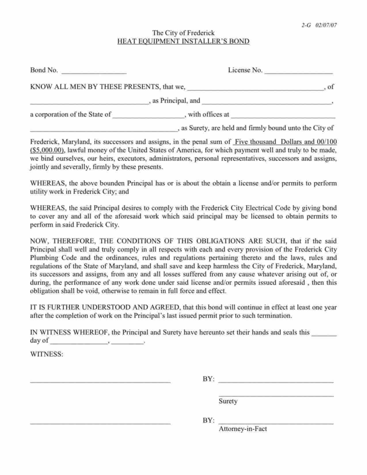 Maryland Heat Equipment Installer Bond Form