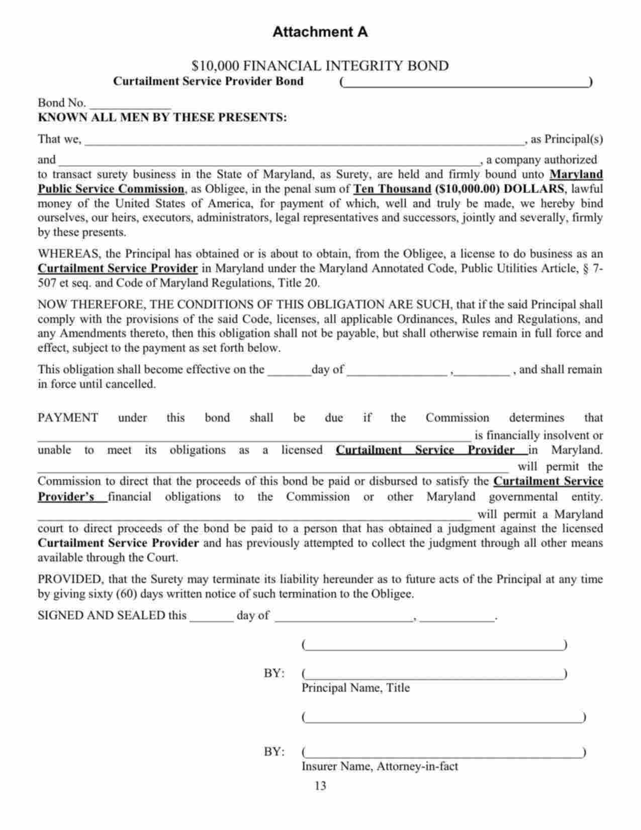 Maryland Curtailment Service Provider Bond Form