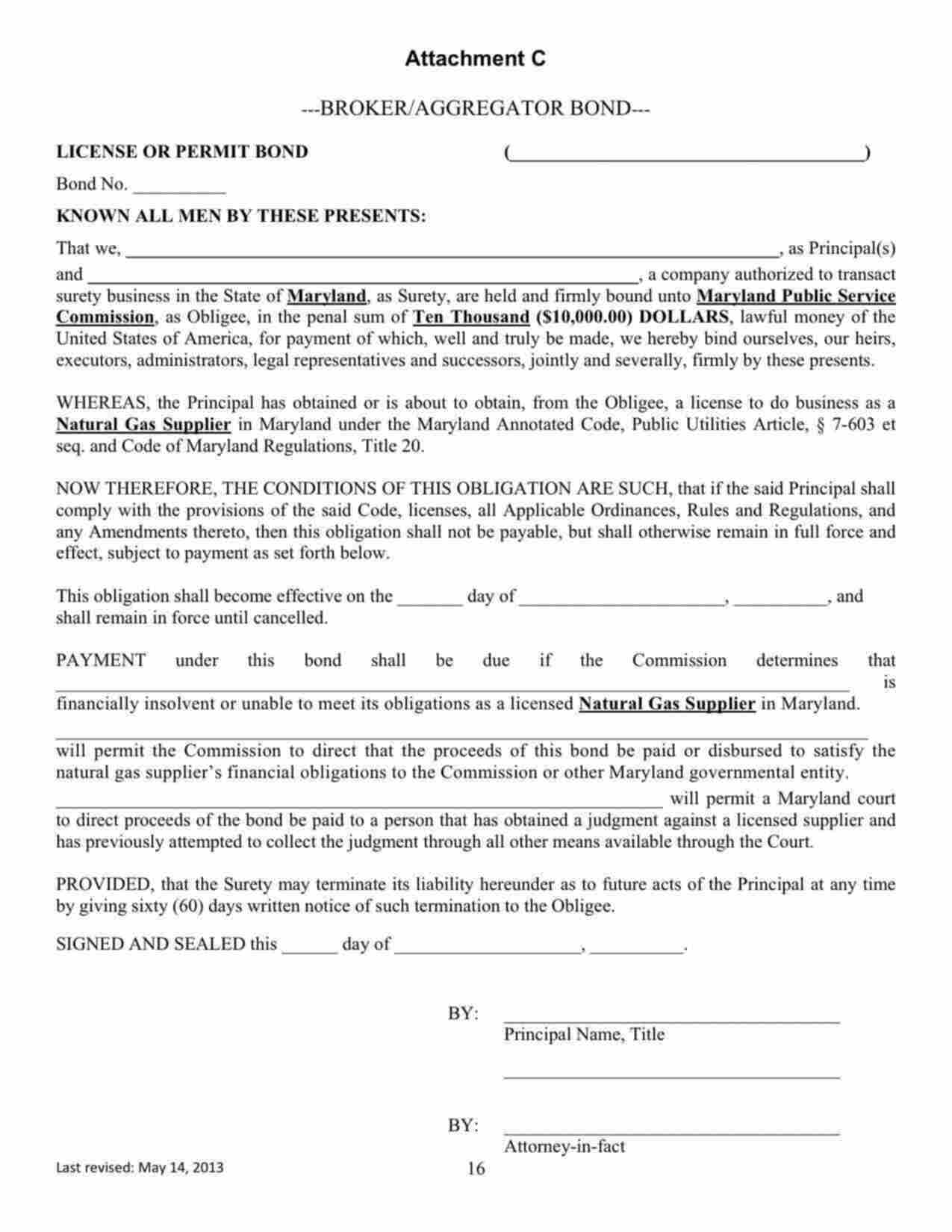 Maryland Natural Gas Supplier Broker/Aggregator Bond Form