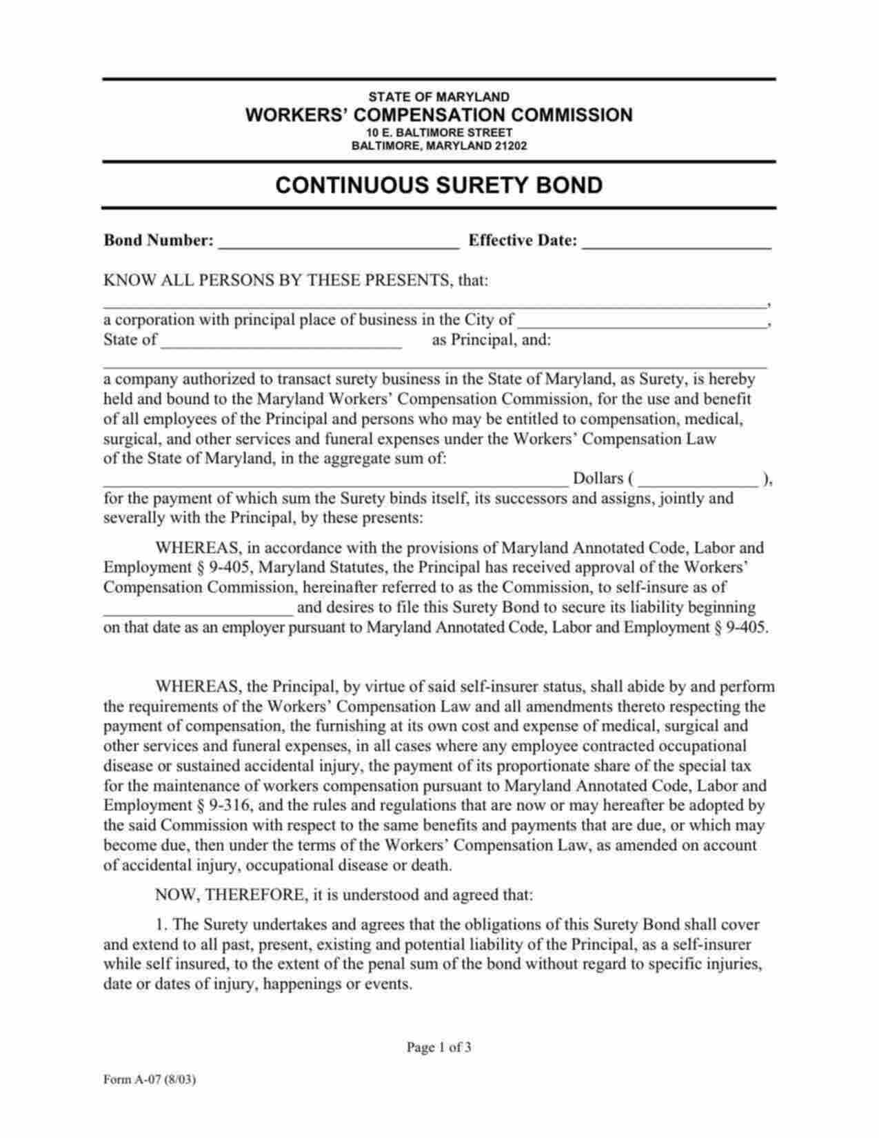 Maryland Self-Insurer Workers Compensation Bond Form