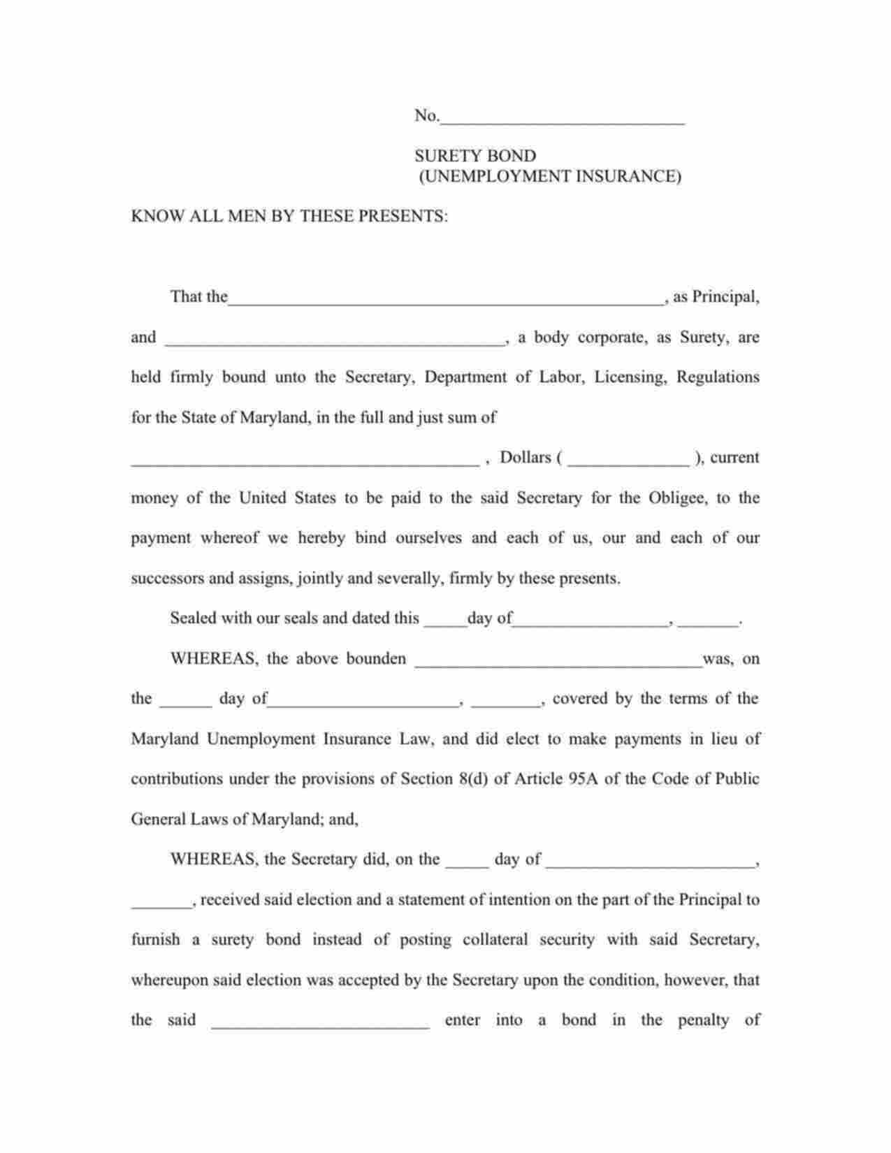 Maryland Payments in Lieu of Contributions (Unemployment Insurance) Bond Form