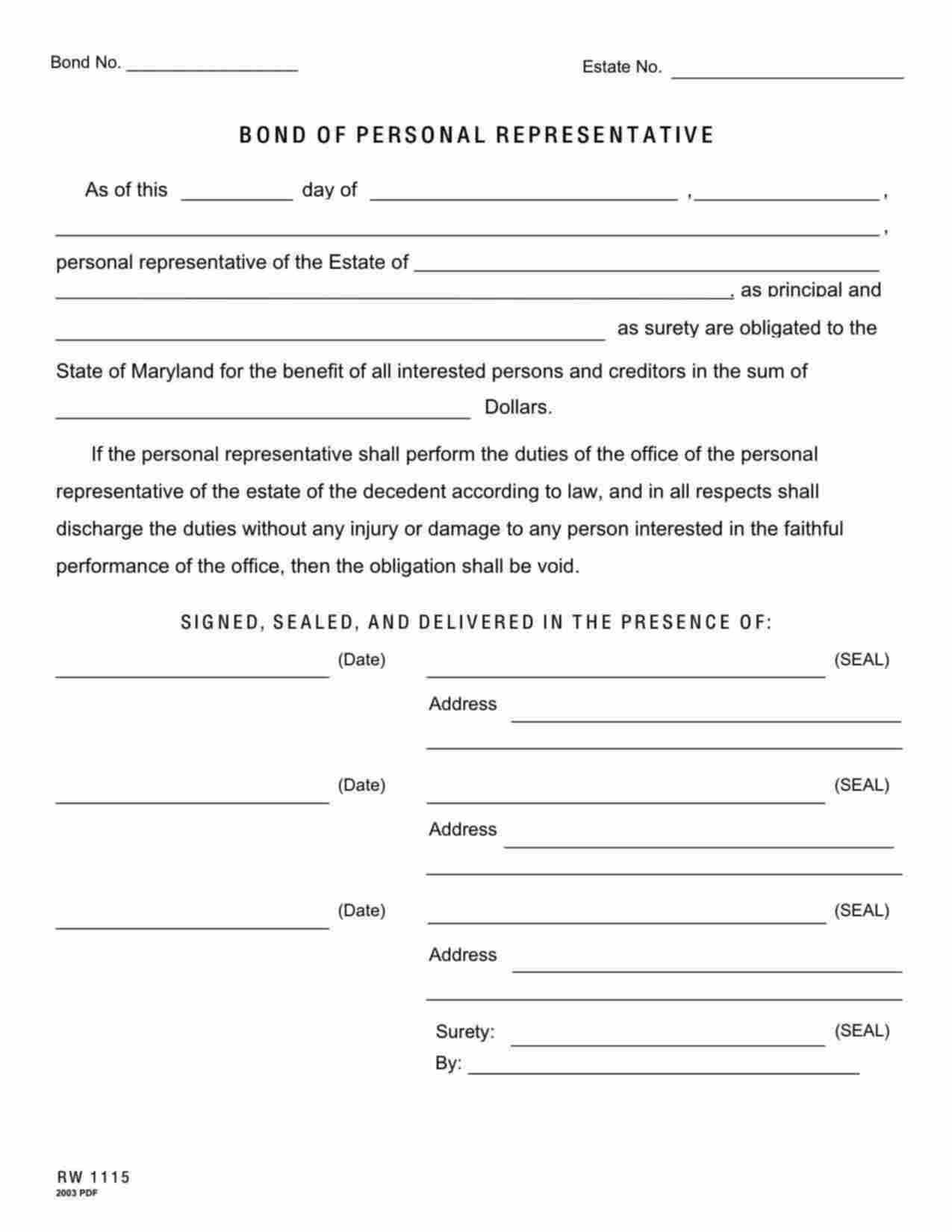 Maryland Personal Representative Bond Form