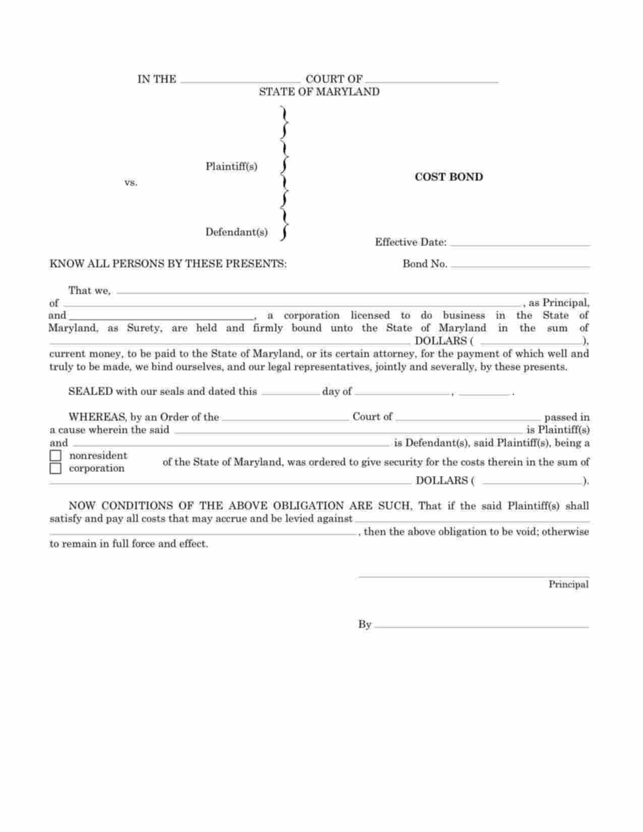 Maryland Cost- Nonresident Bond Form