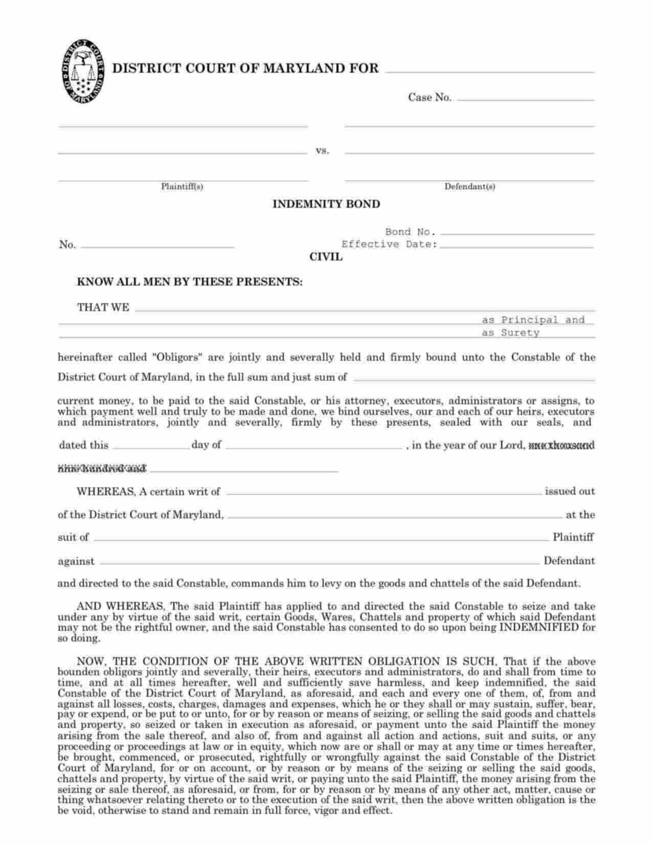 Maryland Indemnity to Sheriff/Constable Bond Form