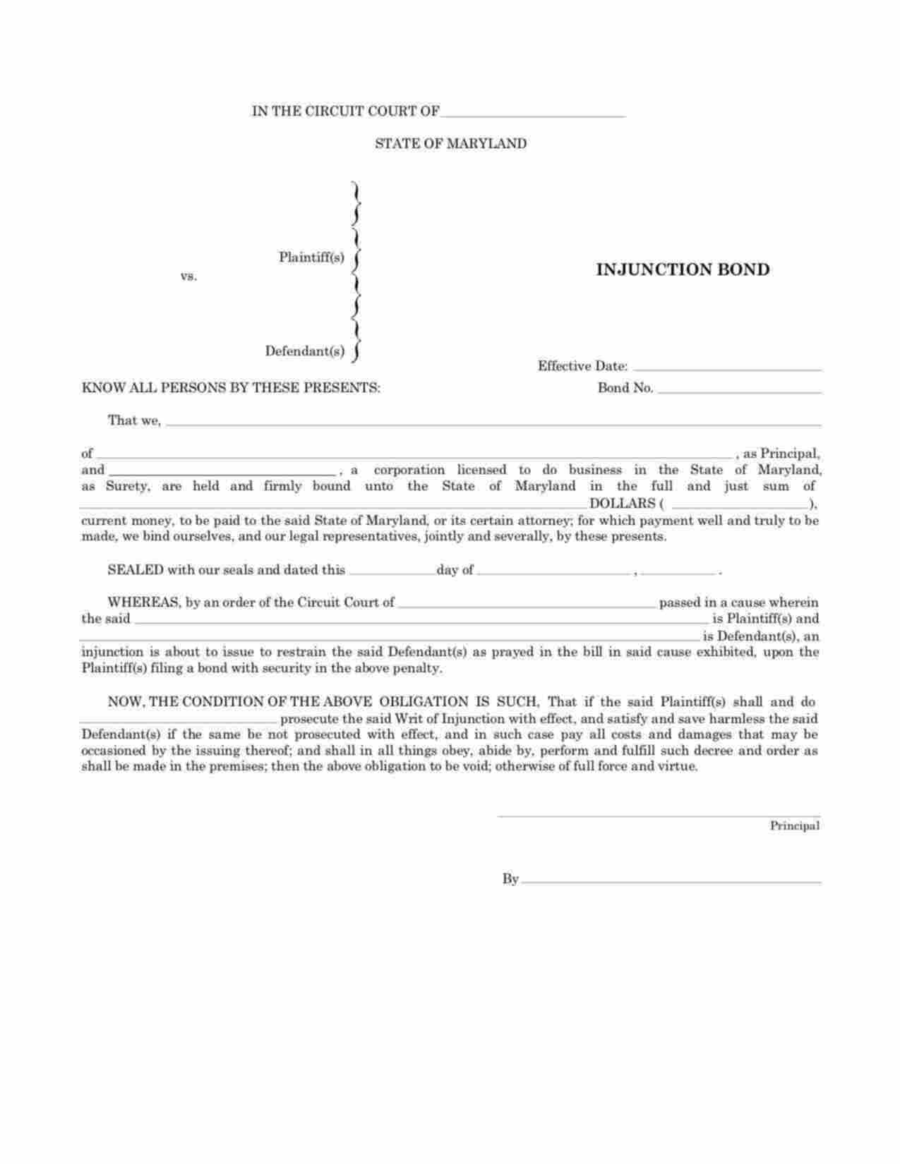 Maryland Injunction Bond Form