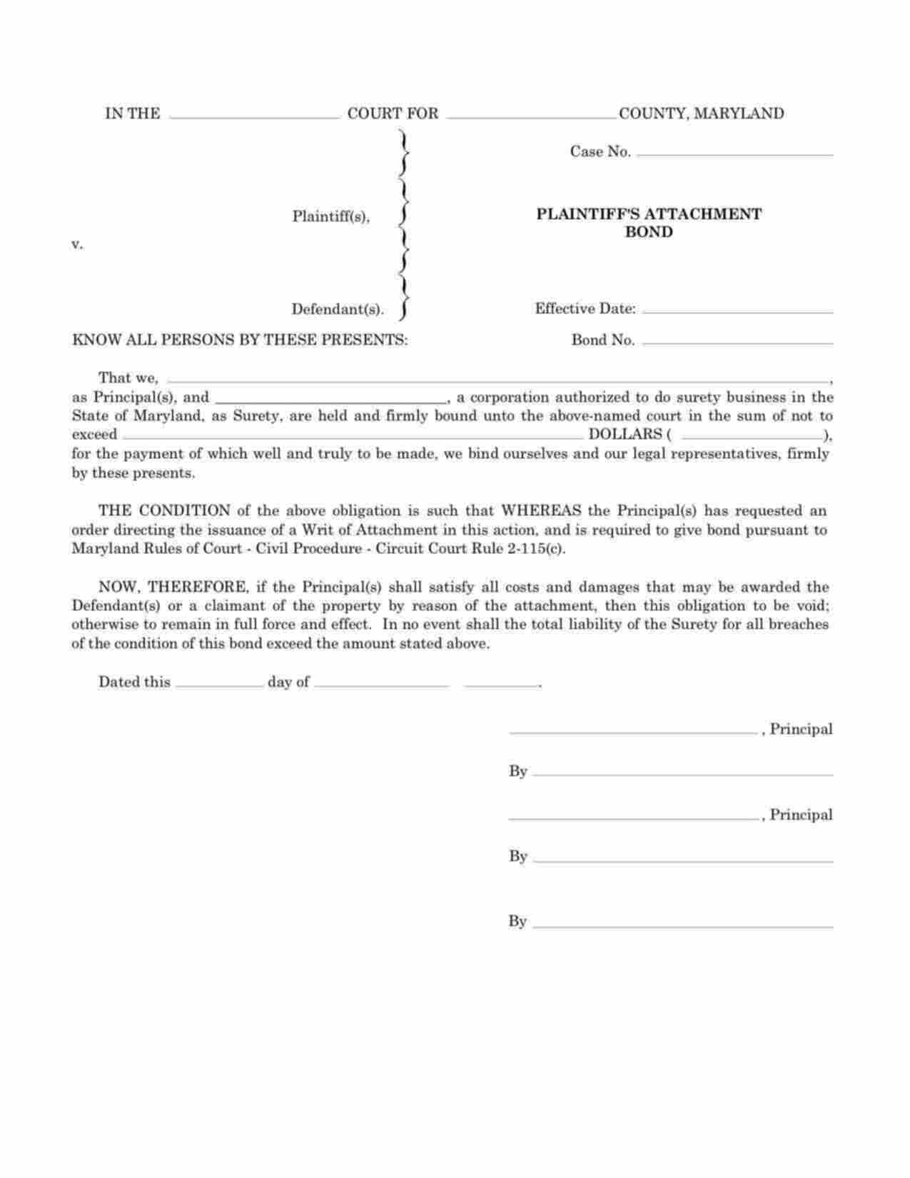 Maryland Plaintiffs Attachment Bond Form