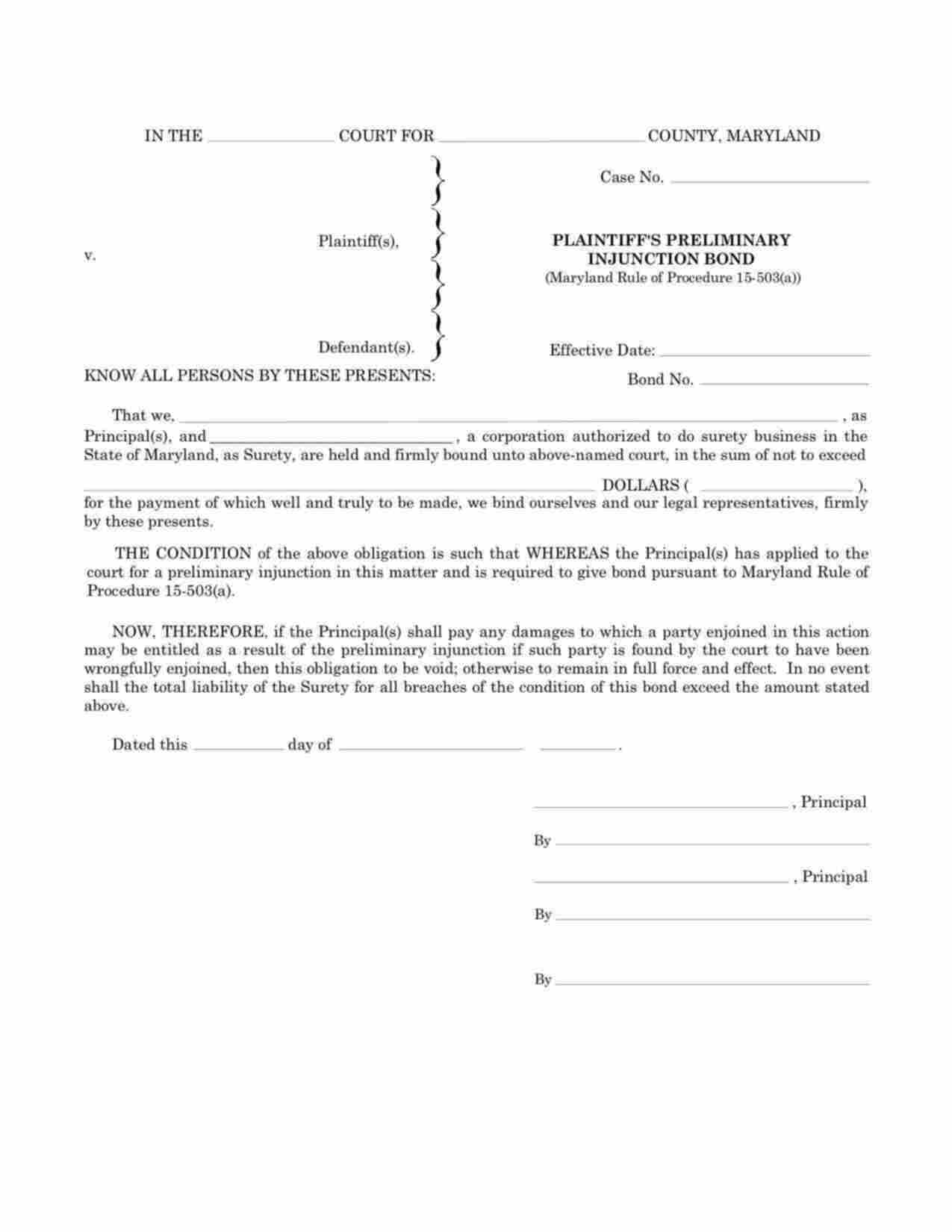 Maryland Plaintiffs Preliminary Injunction Bond Form