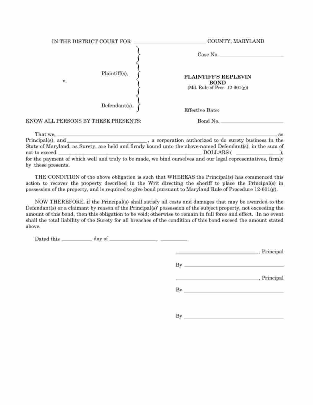 Maryland Plaintiffs Replevin Bond Form