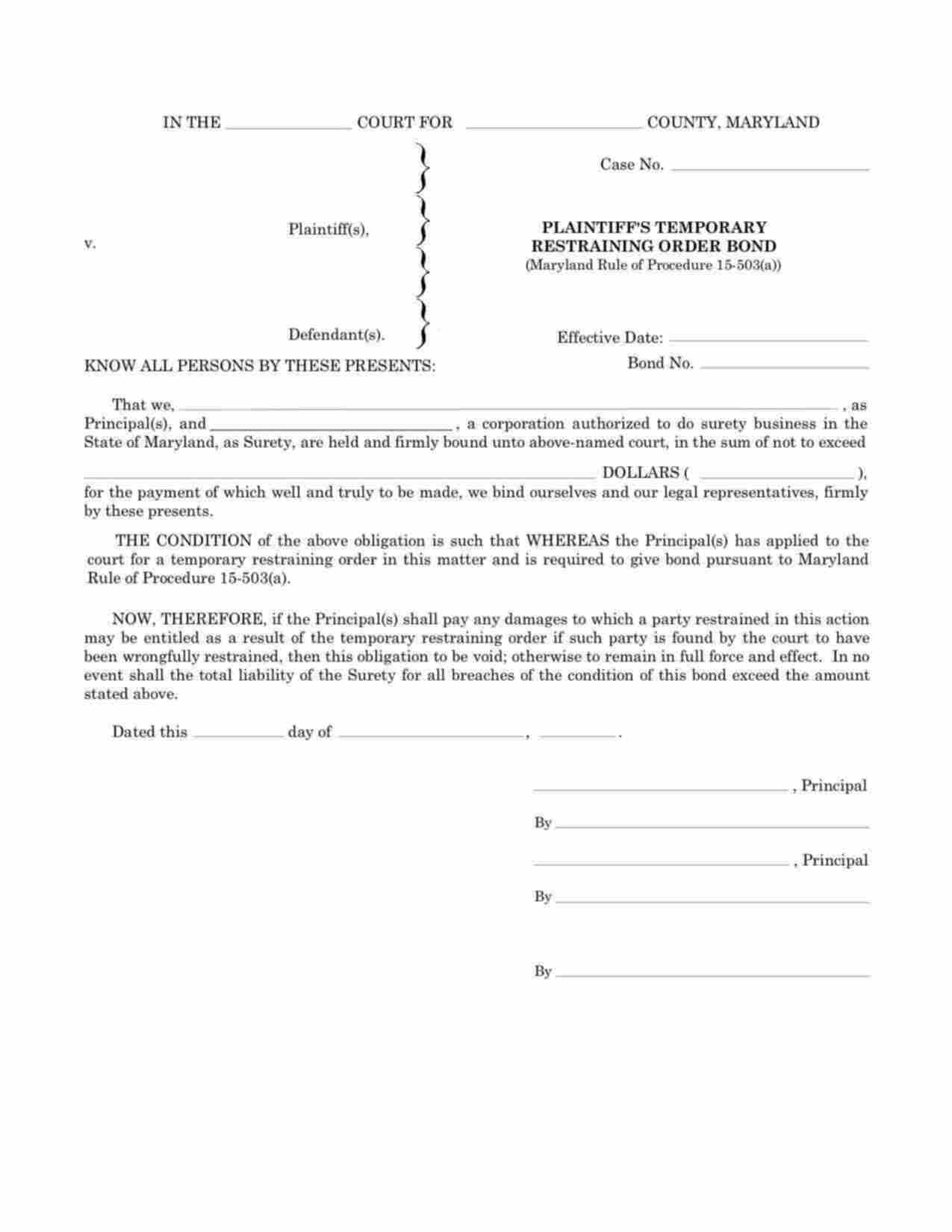 Maryland Plaintiffs Temporary Restraining Order Bond Form