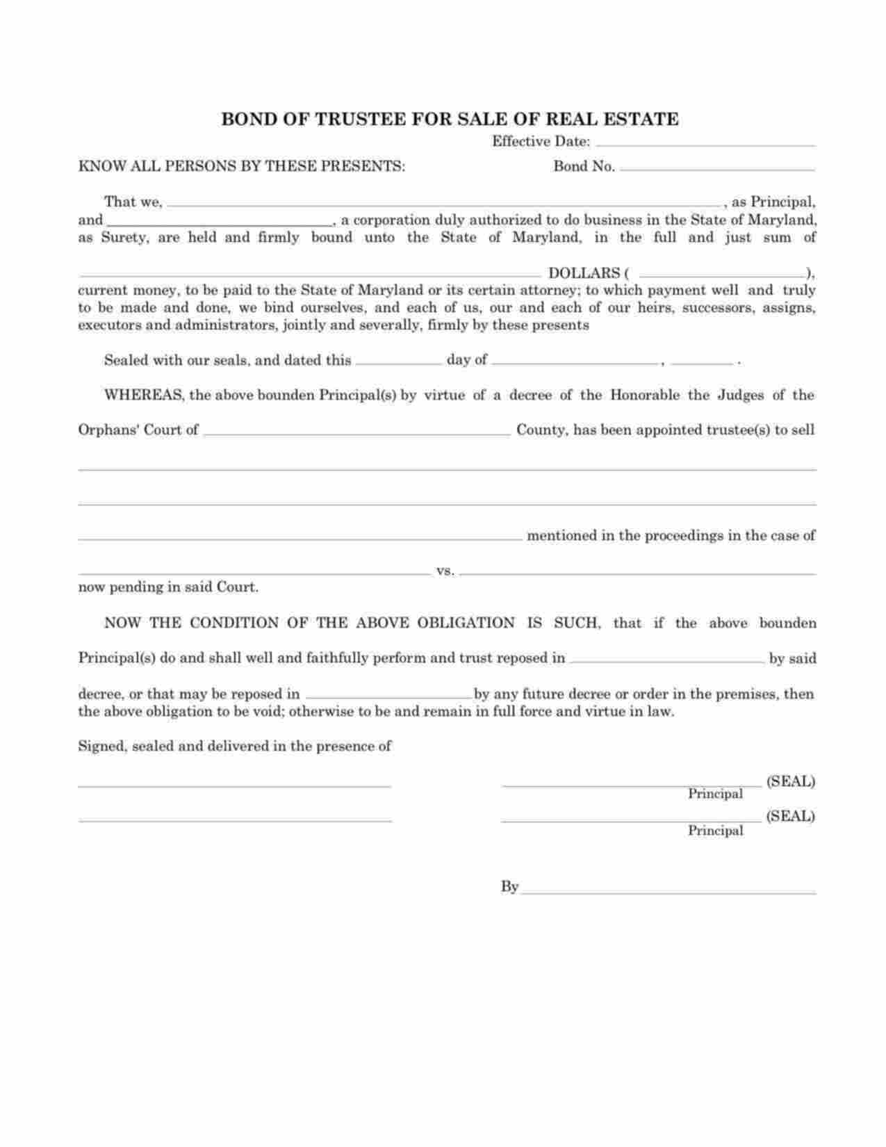 Maryland Trustee for Sale of Real Estate Bond Form