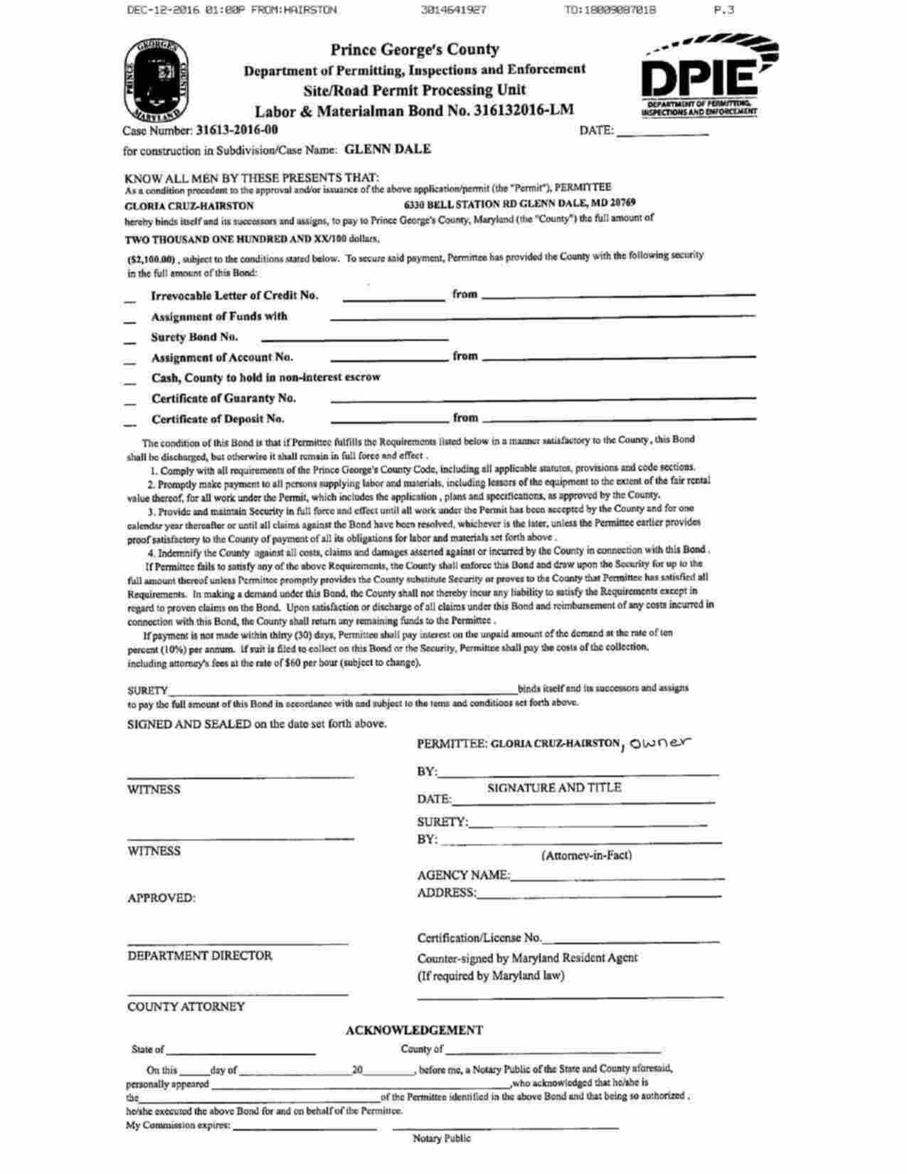 Maryland Labor and Materialman Bond Form