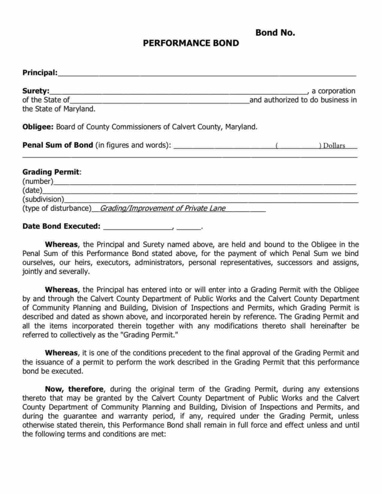 Maryland Grading Permit Bond Form