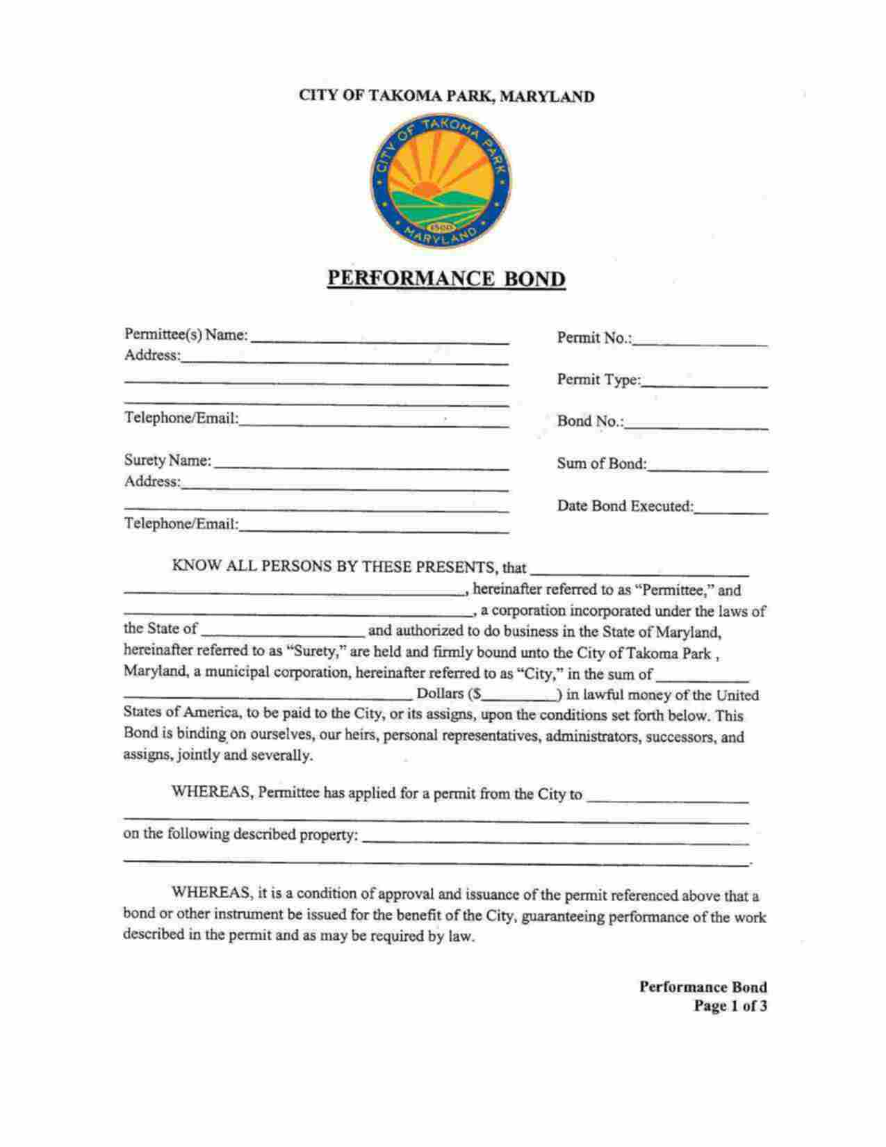 Maryland Performance Bond Form