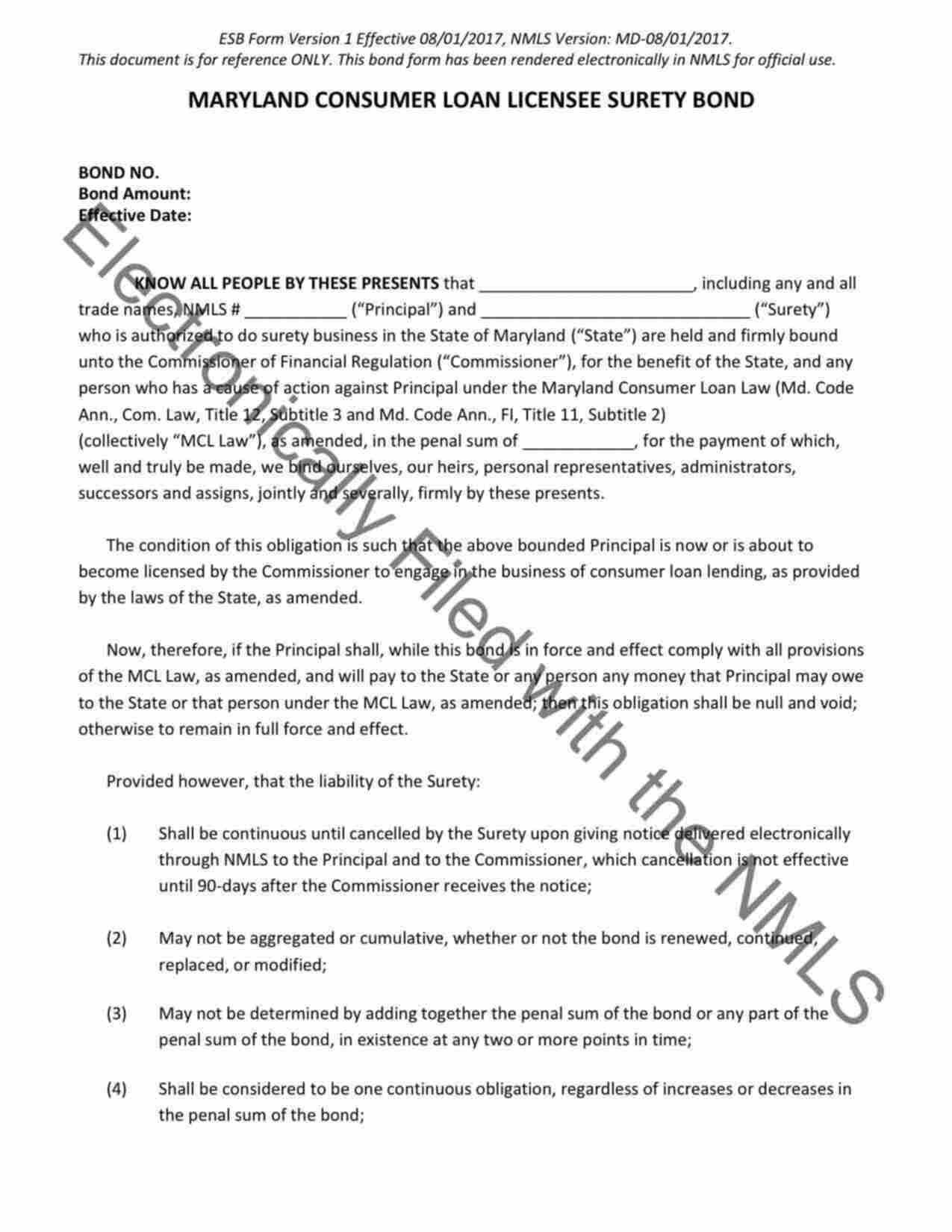 Maryland Consumer Loan Licensee Bond Form