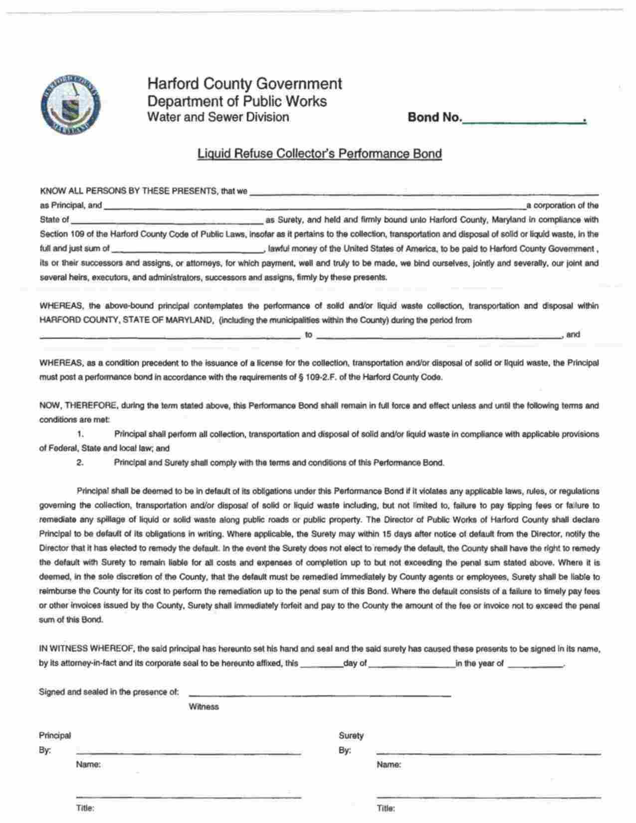 Maryland Liquid Refuse Collector's Performance Bond Form