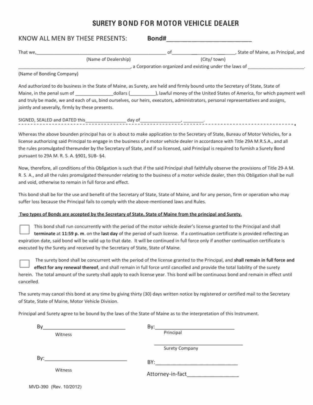 Maine Motor Vehicle Dealer Bond Form