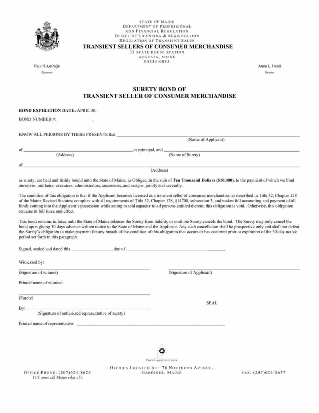 Maine Transient Seller of Consumer Merchandise Bond Form