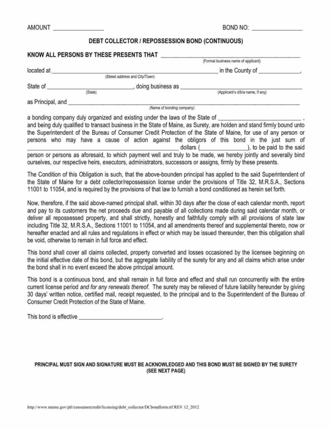 Maine Debt Collector / Repossession Bond Form