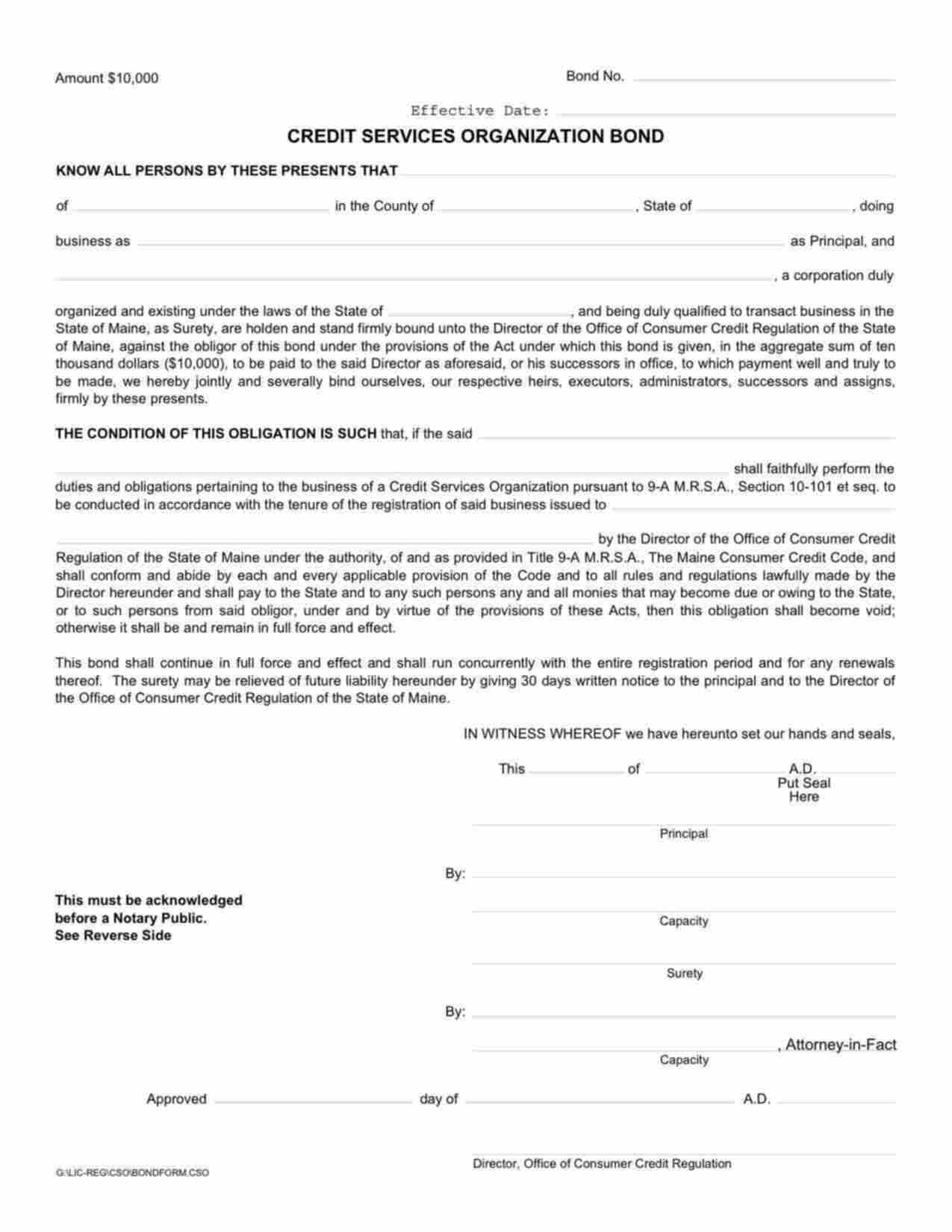 Maine Credit Services Organization Bond Form