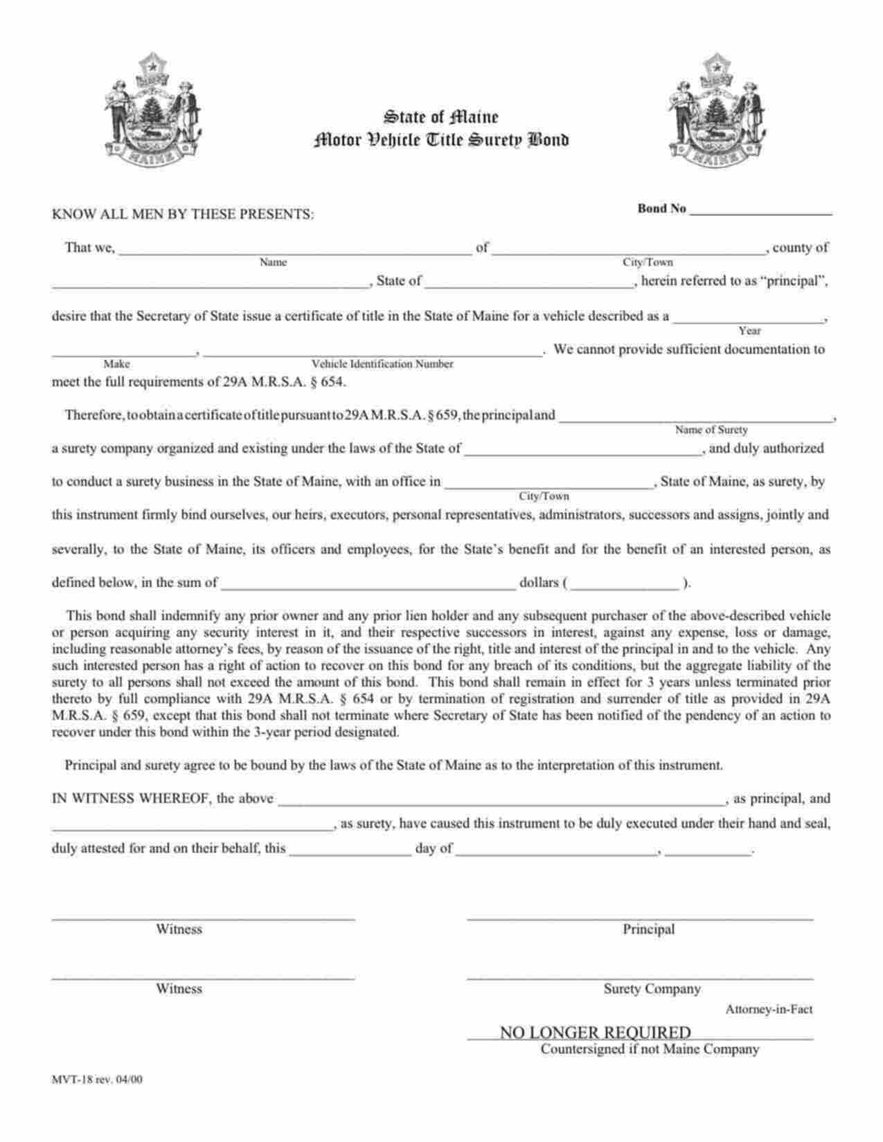 Maine Motor Vehicle Title Bond Form