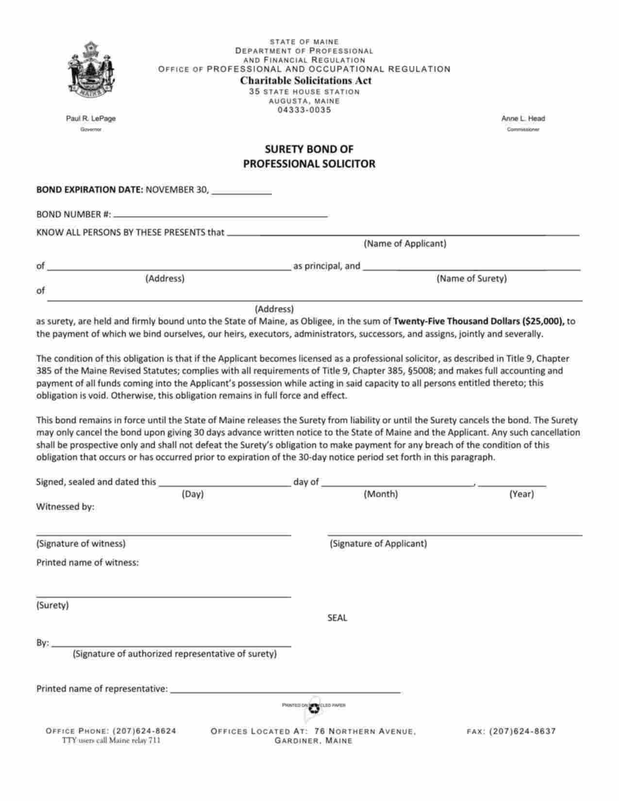 Maine Professional Solicitor Bond Form