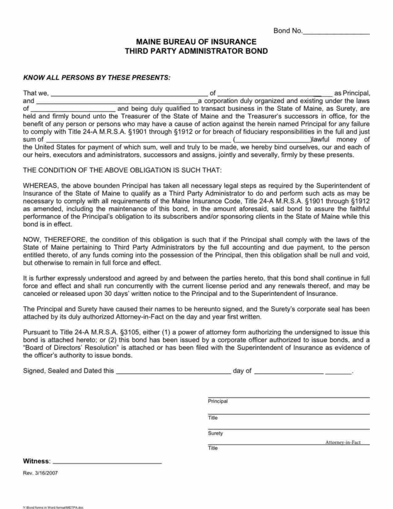 Maine Third Party Administrator Bond Form