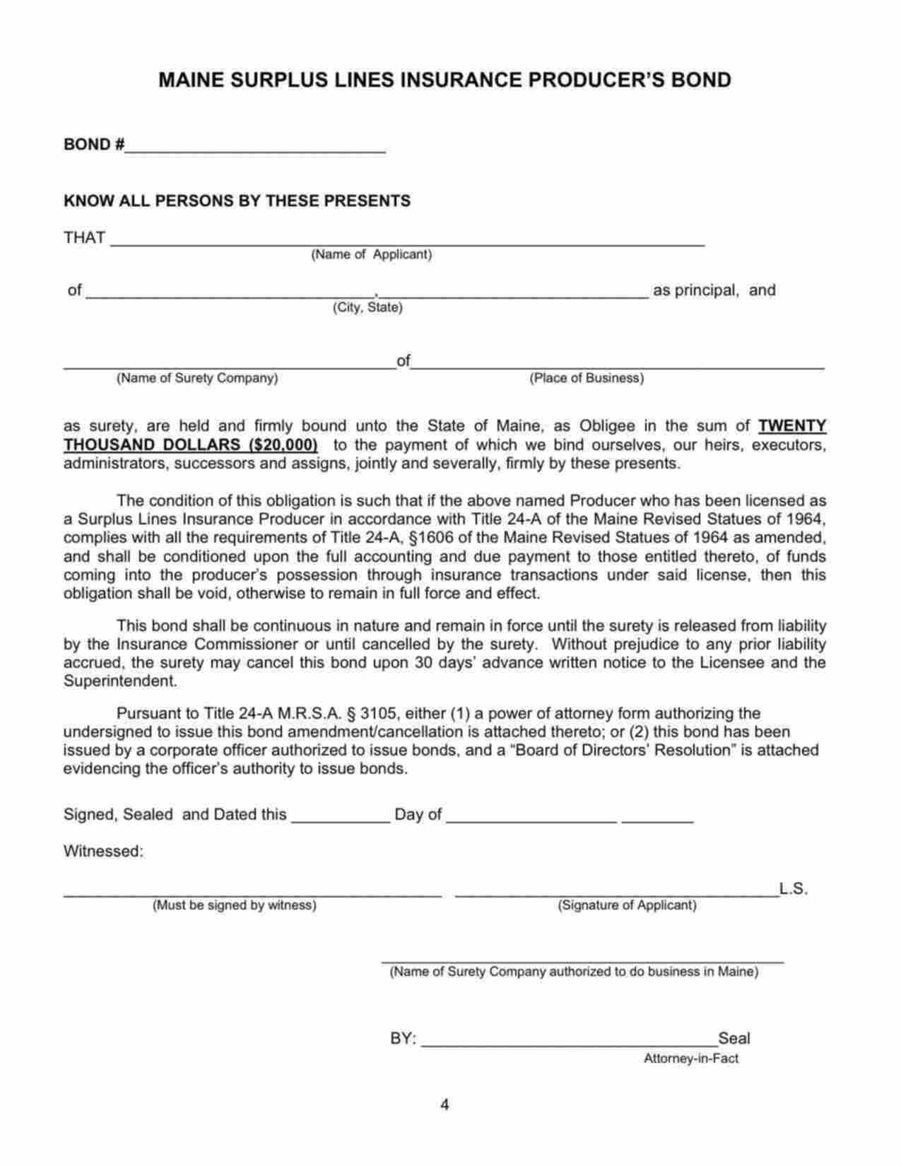 Maine Surplus Lines Insurance Producer Bond Form